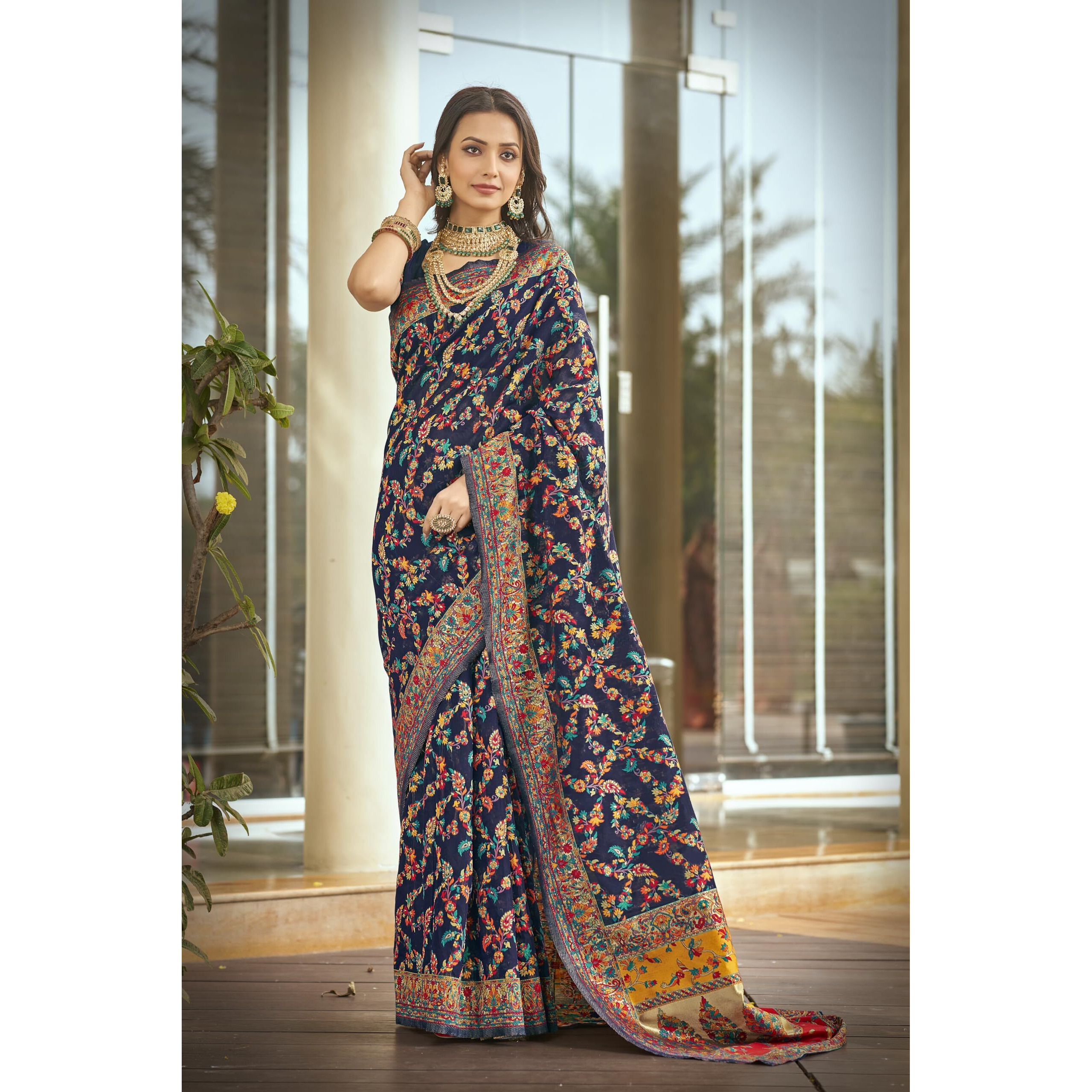 Glory Sarees Women's Kashmiri Cotton Woven Saree With Blouse Piece (Heritage_Silk111_Navyblue)