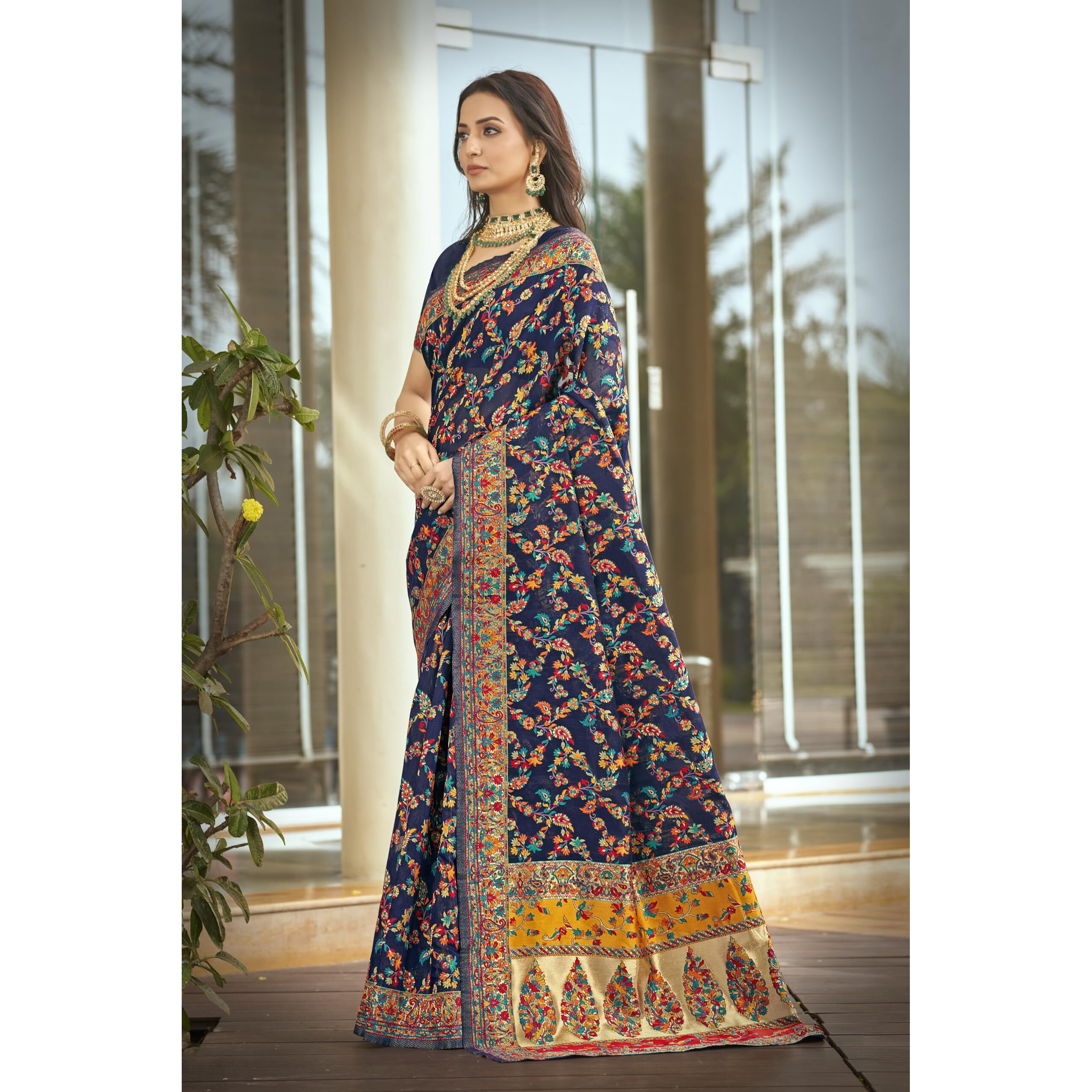 Glory Sarees Women's Kashmiri Cotton Woven Saree With Blouse Piece (Heritage_Silk111_Navyblue)