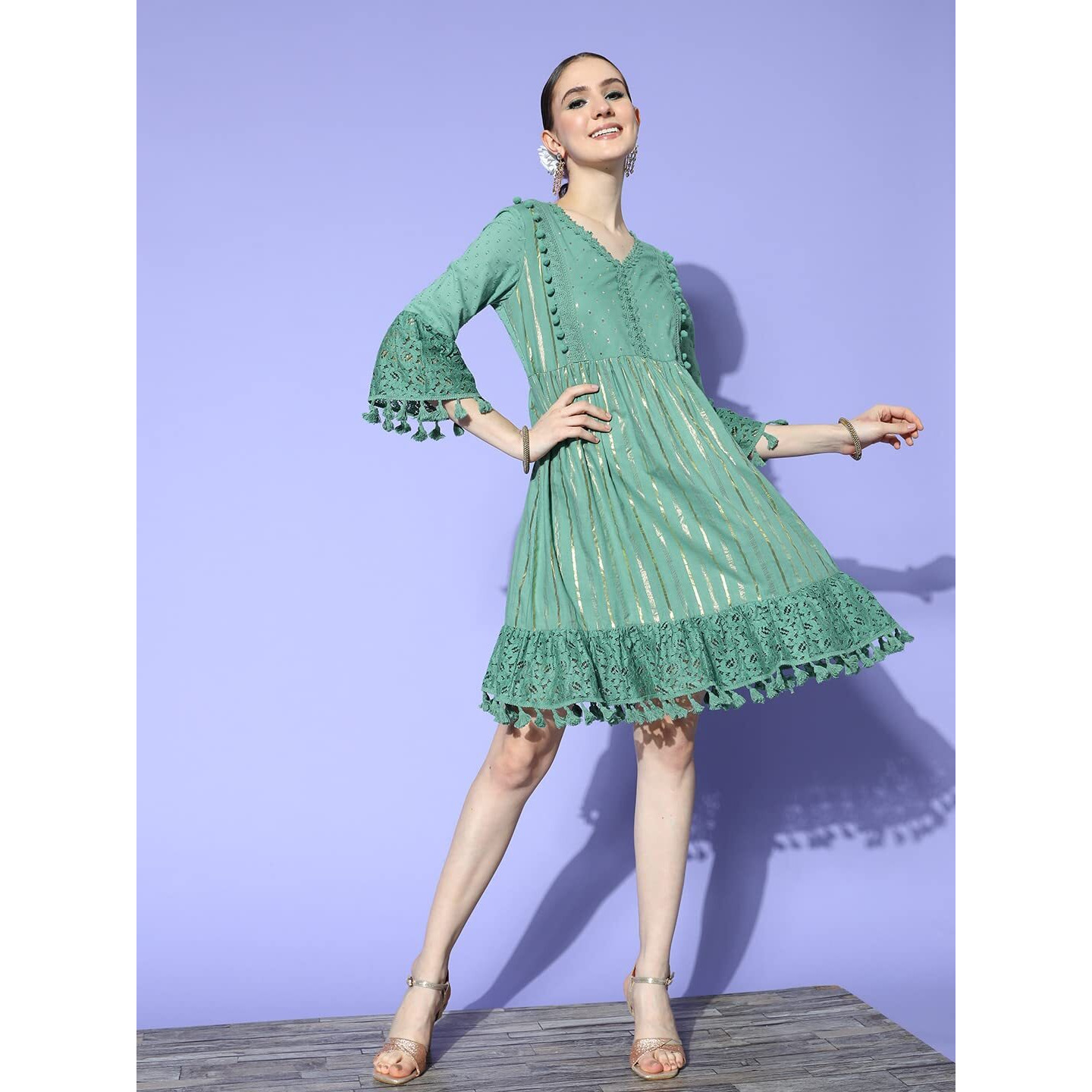 Ishin Women's Cotton Above Knee Length A-Line Indo Western Dress Inwdr0628_Gn_Xs_Green