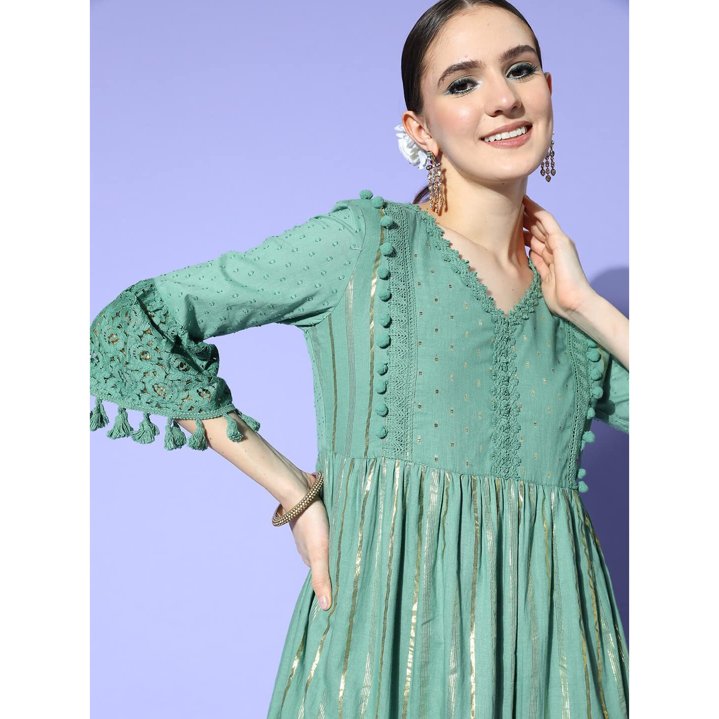 Ishin Women's Cotton Above Knee Length A-Line Indo Western Dress Inwdr0628_Gn_Xs_Green