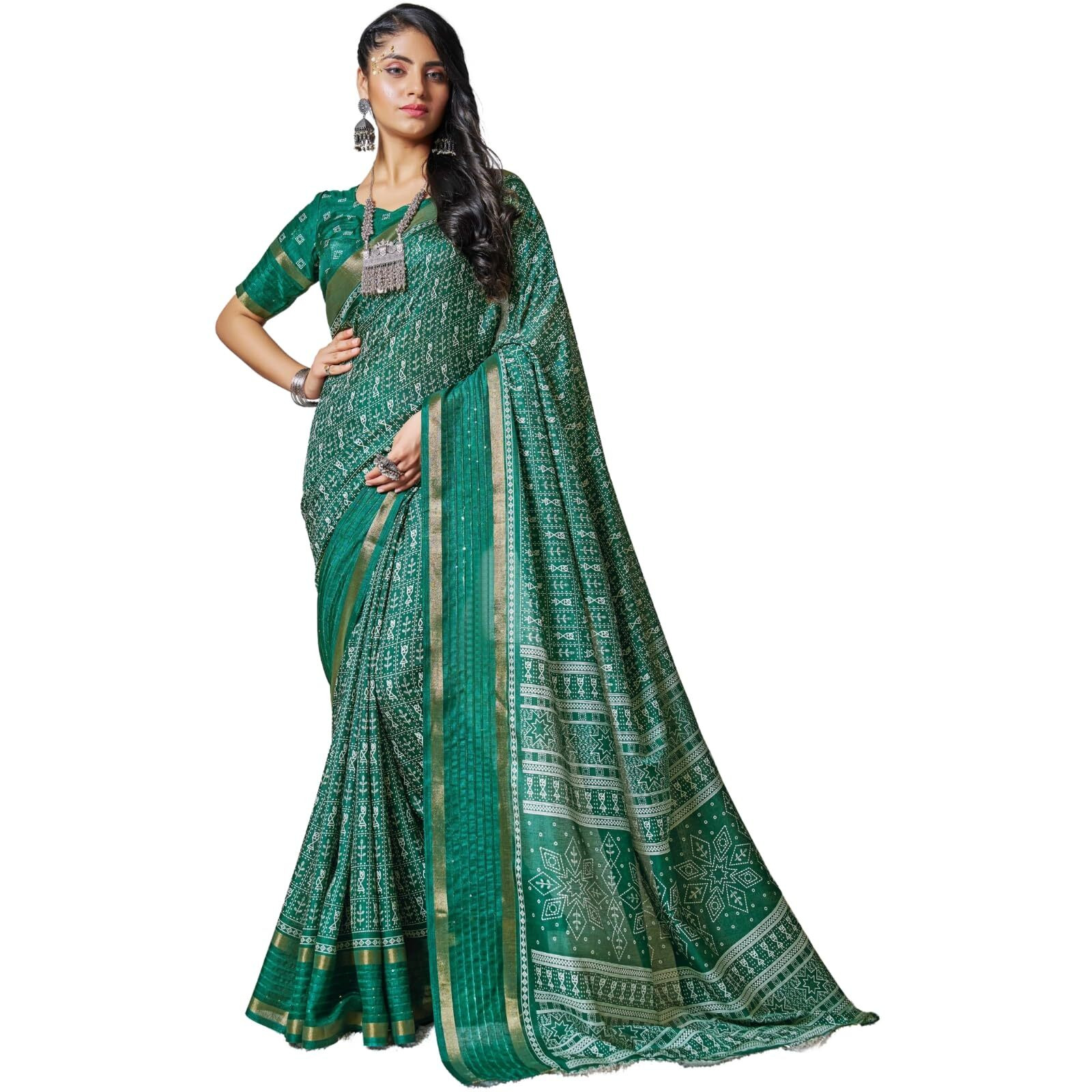 Greciilooks Plain Cotton Latest Design For Women | Silk Banarasi Saree (Gl-S2399_Green)