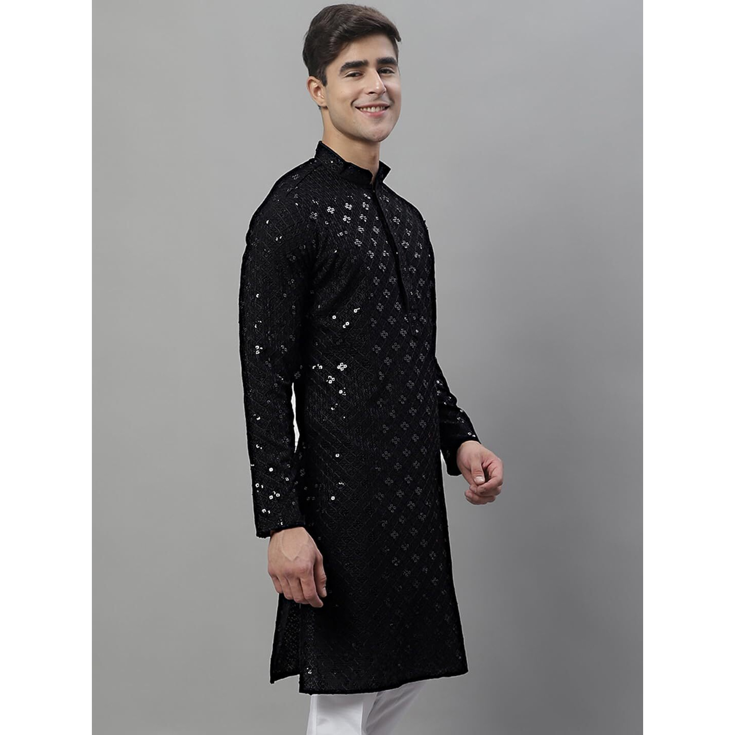 Jompers Men's Chikankari Embroidered And Sequence Kurtas Only (Black, Xl)