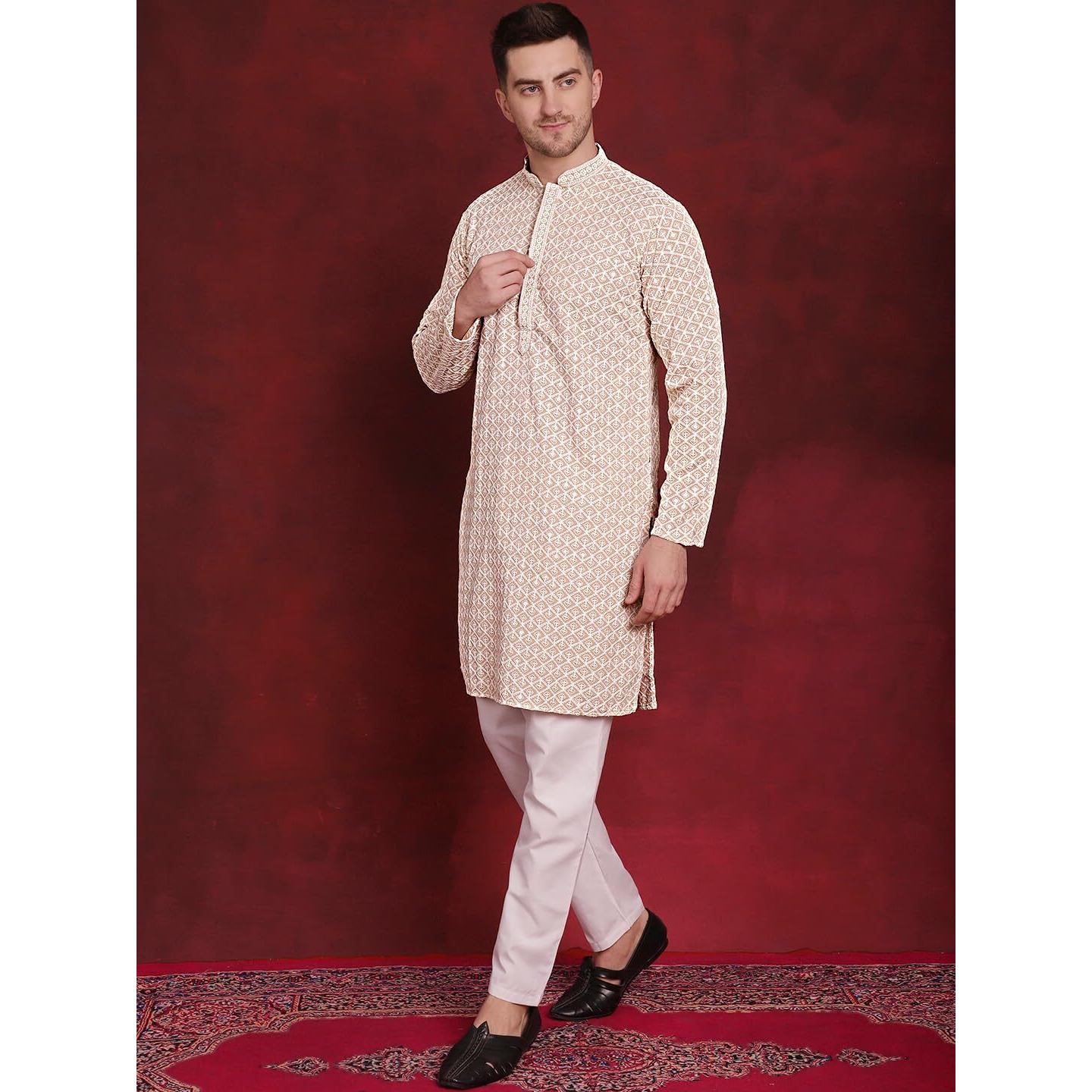 Jompers Men's Beige Sequin Embroidered Pure Cotton Kurtas (Beige, S)