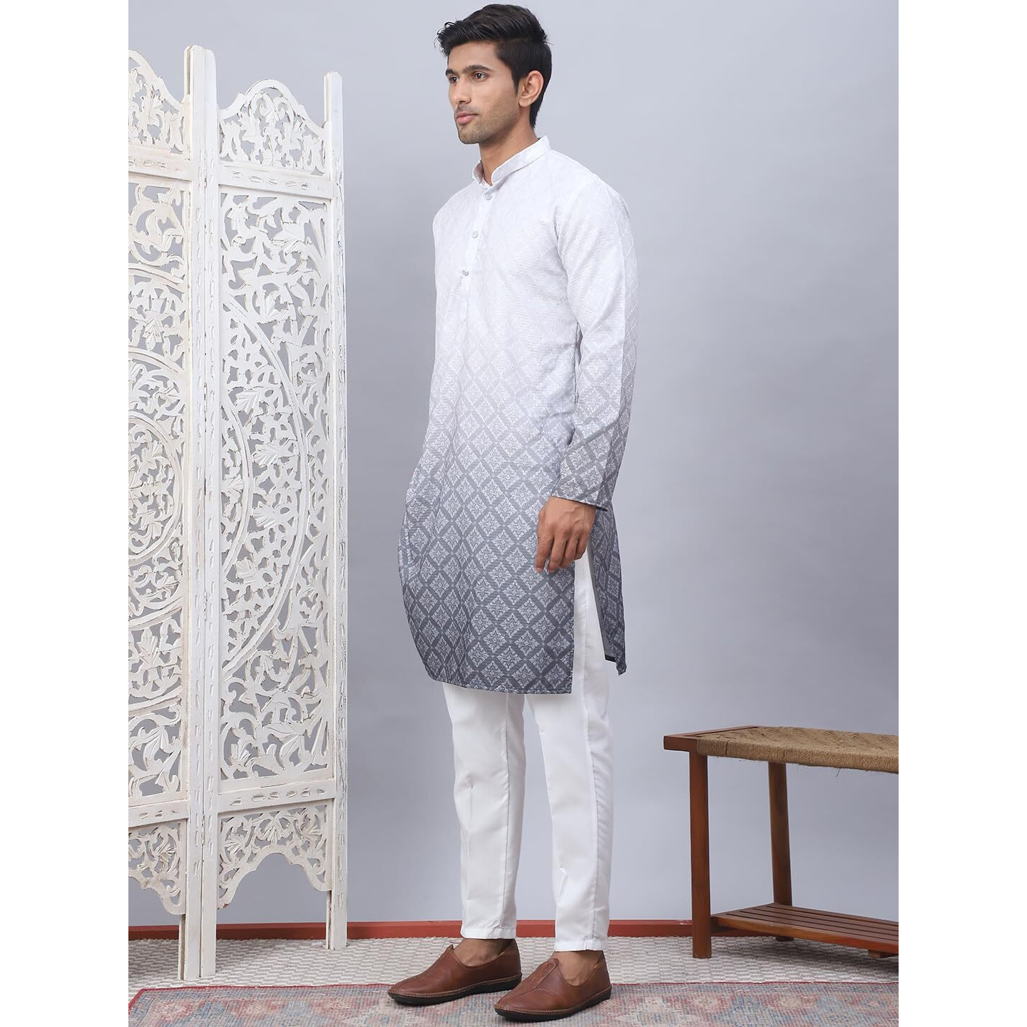 Jompers Grey Men's Ombre Printed Kurta Pyjama Set (Grey, Xl)