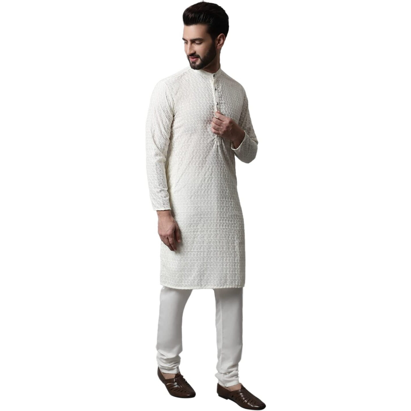 Jompers Men Embroidered Kurta With Churidar (Cream, M)