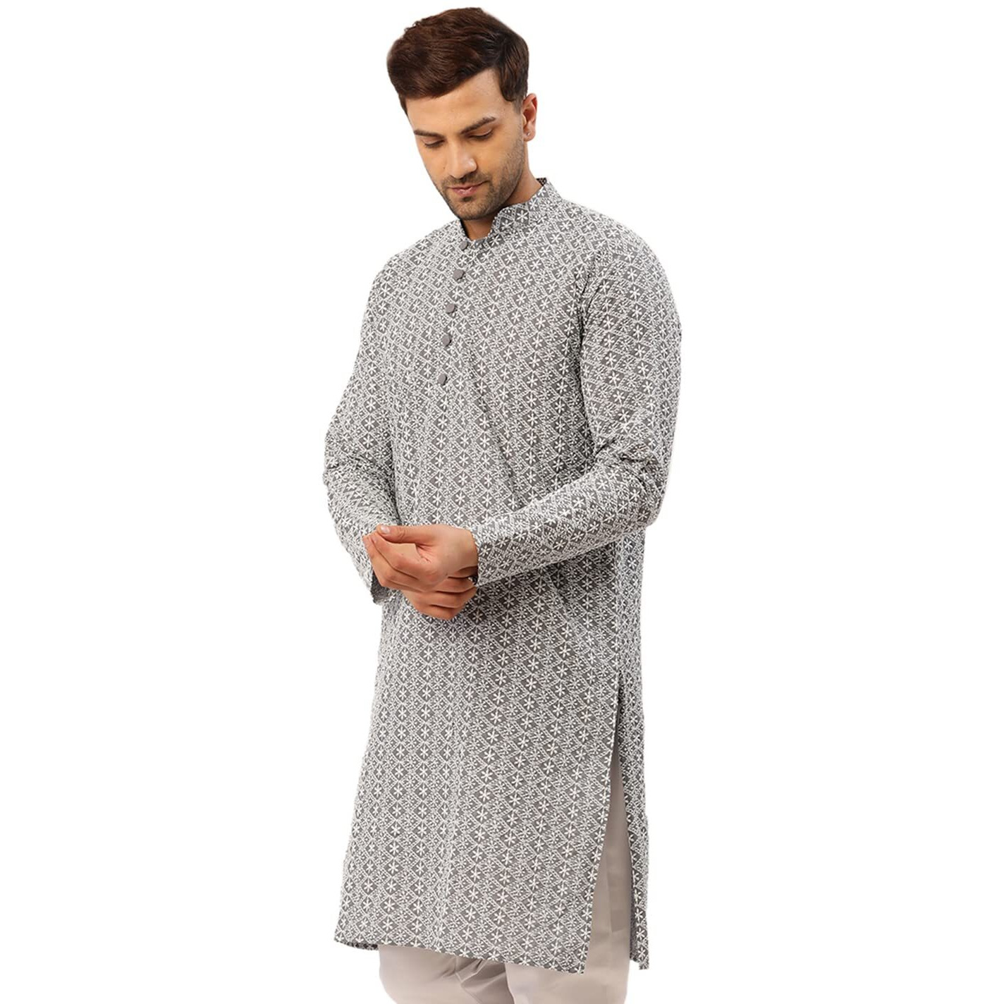 Jompers Men's Embroidered Pure Cotton Kurta. (Grey, S)
