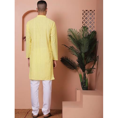 Jompers Men's Lemon Embroidered Cotton Kurta With Churidar (Lemon, M)