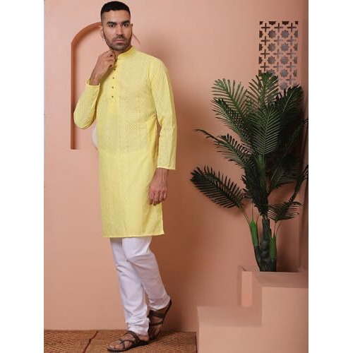 Jompers Men's Lemon Embroidered Cotton Kurta With Churidar (Lemon, M)