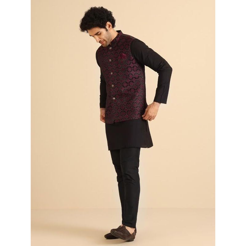 Kisah Men's Kurta Jacket Trouser Set, Burgundy Jacquard, Woven Design Regular Fit Mandarin Collar Long Sleeves (38)