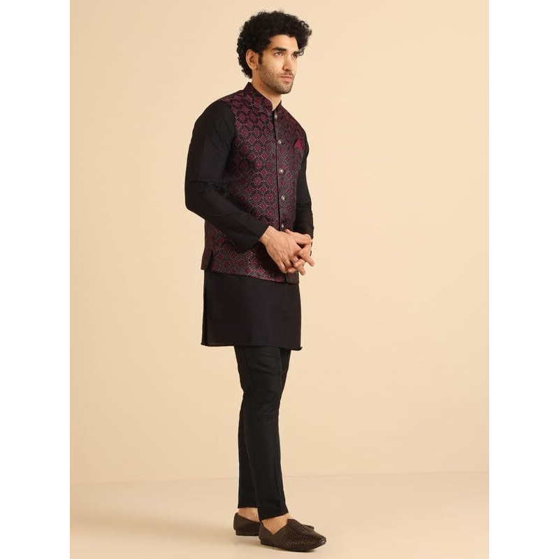 Kisah Men's Kurta Jacket Trouser Set, Burgundy Jacquard, Woven Design Regular Fit Mandarin Collar Long Sleeves (38)