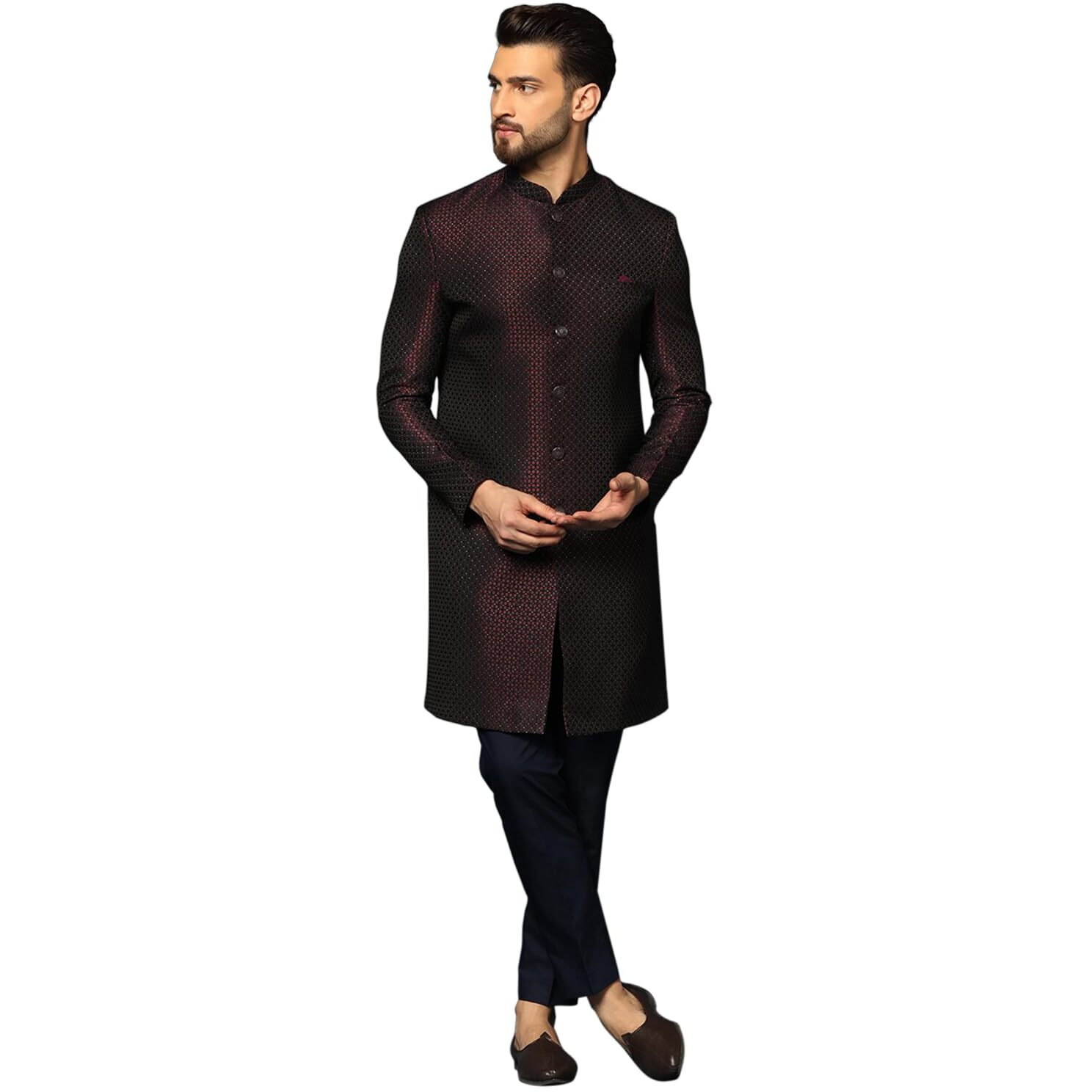 Kisah Men's Maroon And Navy Blue Indo-Western Sherwani Trousers Set, Cotton Full Sleaves, Knee Length, Straight, Regular Fit, Mandarin Collar Ethnic Wear