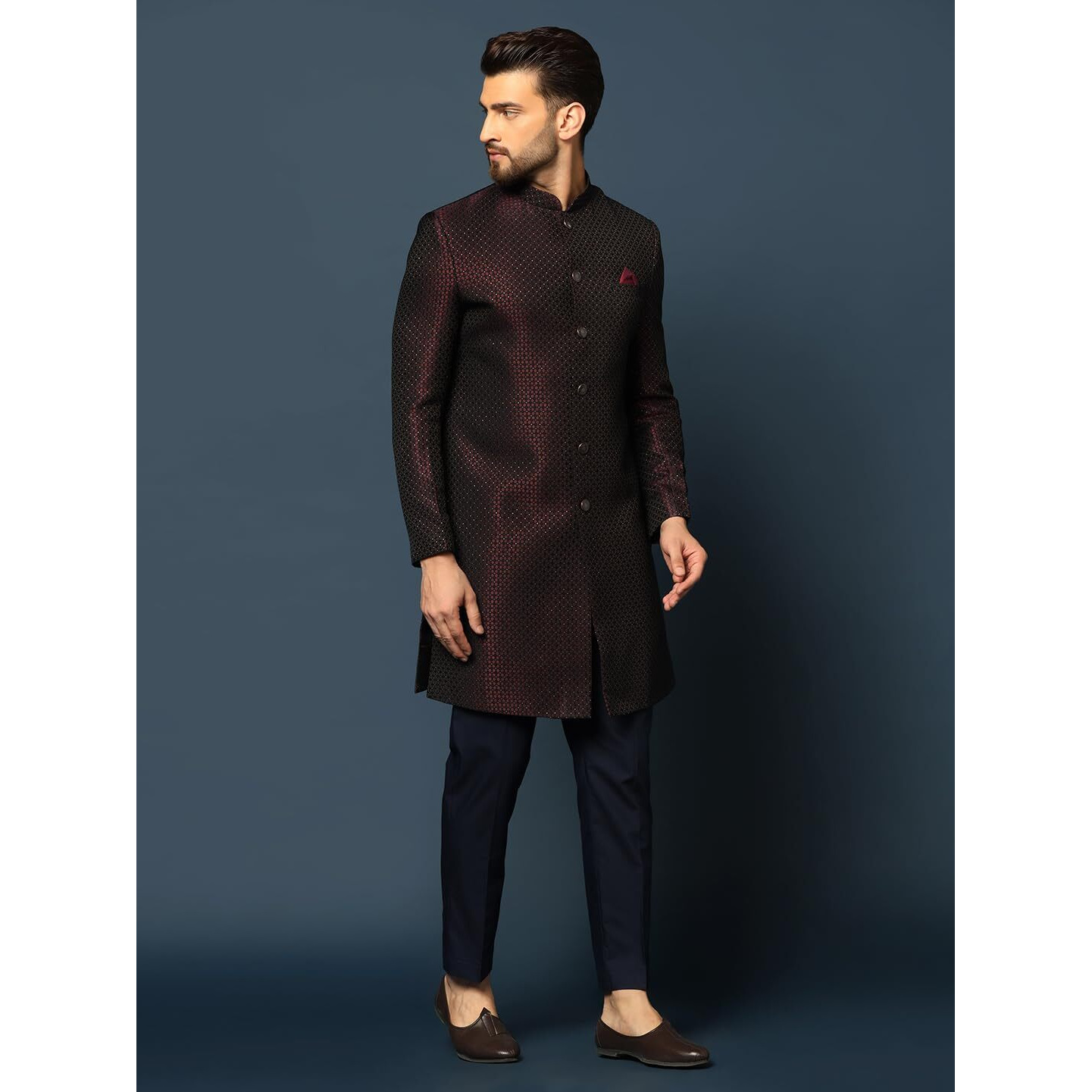 Kisah Men's Maroon And Navy Blue Indo-Western Sherwani Trousers Set, Cotton Full Sleaves, Knee Length, Straight, Regular Fit, Mandarin Collar Ethnic Wear