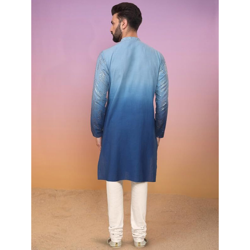 Kisah Men's Kurta Churidar Set, Navy Blue Pure Cotton, Solid Regular Fit Mandarin Collar Long Sleeves (L)