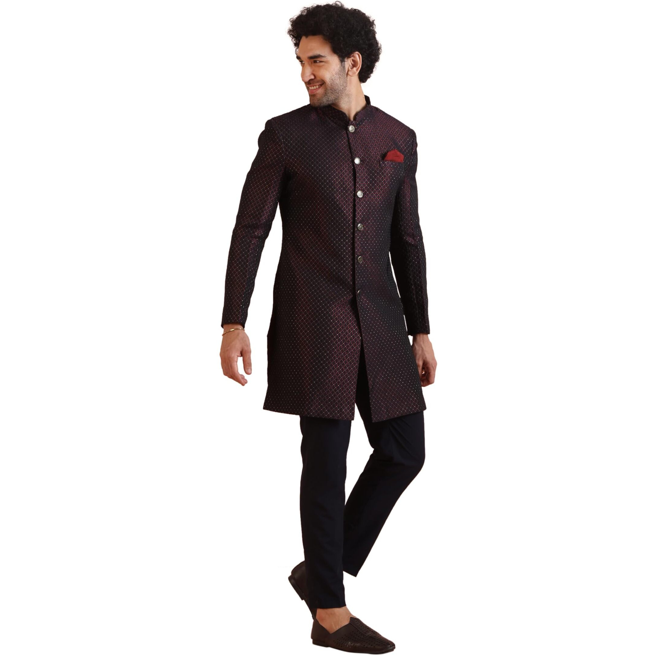Kisah Men's Maroon And Navy Blue Indo-Western Sherwani Trousers Set, Cotton Full Sleaves, Knee Length, Straight, Regular Fit, Mandarin Collar Ethnic Wear (36)