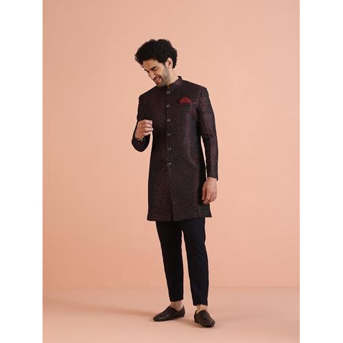 Kisah Men's Maroon And Navy Blue Indo-Western Sherwani Trousers Set, Cotton Full Sleaves, Knee Length, Straight, Regular Fit, Mandarin Collar Ethnic Wear (36)