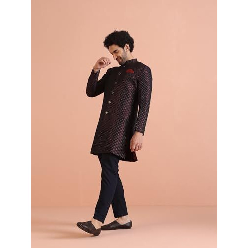 Kisah Men's Maroon And Navy Blue Indo-Western Sherwani Trousers Set, Cotton Full Sleaves, Knee Length, Straight, Regular Fit, Mandarin Collar Ethnic Wear (36)
