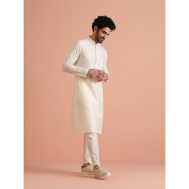 Kisah Mens Kurta|Solid Pattern Blended Fabric Mens Ethnic Wear|Regular Fit Mandarin Collar Long Sleeves, Off White, 42