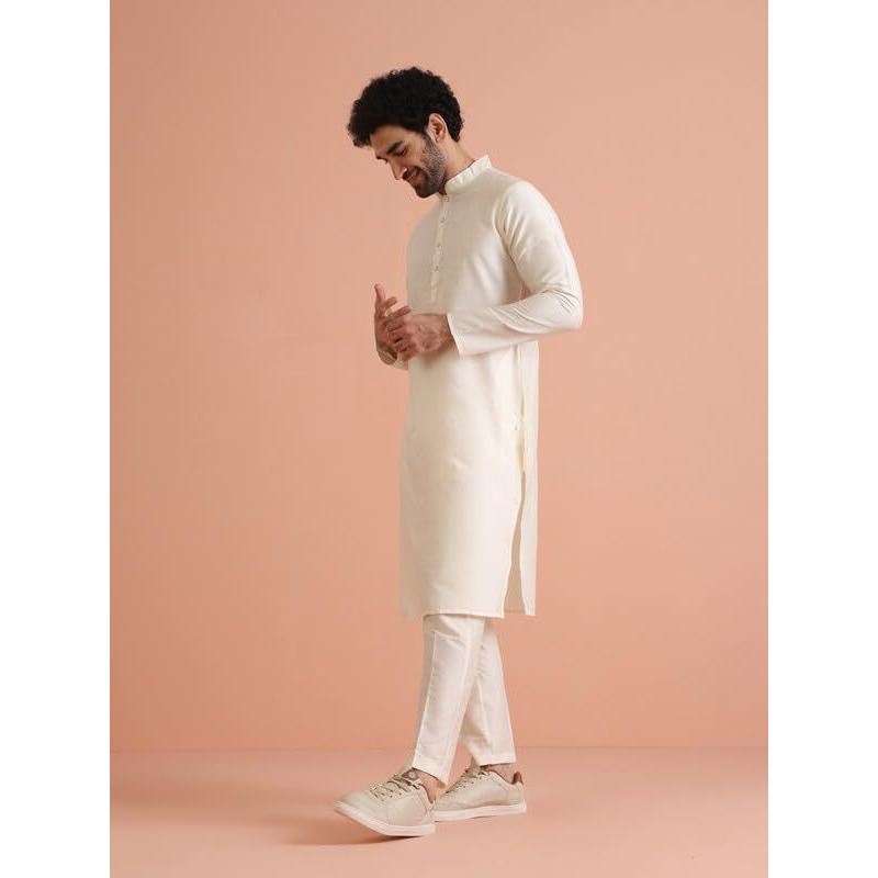 Kisah Mens Kurta|Solid Pattern Blended Fabric Mens Ethnic Wear|Regular Fit Mandarin Collar Long Sleeves, Off White, 42