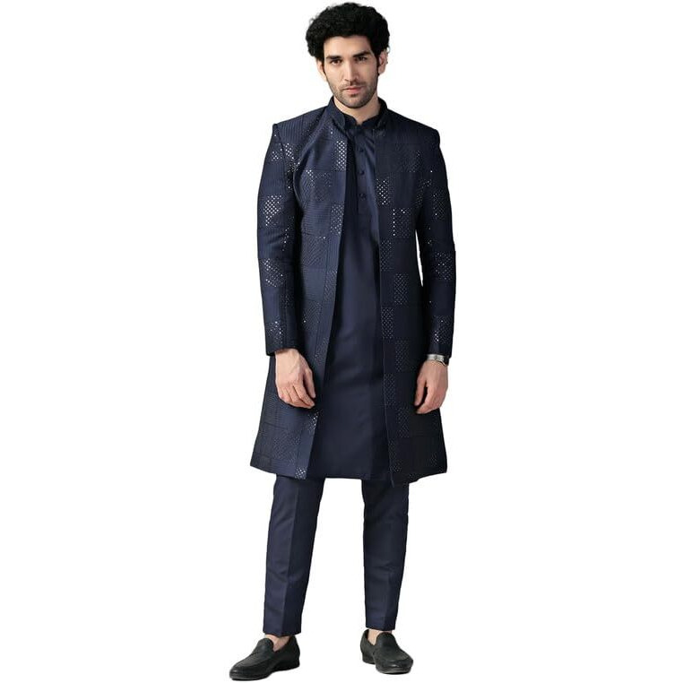 Kisah Sherwani Set For Men  Silk Blend Textured Indo Western Sherwani With Kurta And Trouser | Designer Ethnic Outfit For Weddings & Festivals, Blue, 42