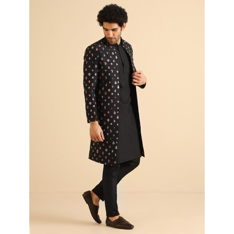 Kisah Men's Indo-Western Kurta Sherwani Trouser Set, Black Cotton Blend, Embroidered Regular Fit Mandarin Collar Long Sleeves (42)