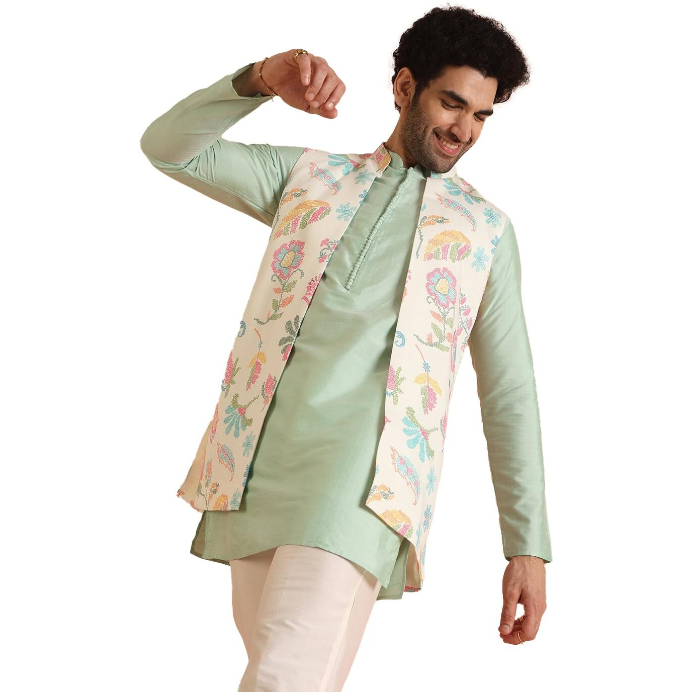 Kisah Cotton Blend Kurta Jacket Trouser Set For Men | Nehru Jacket Waistcoat Kurta Set With Trousers | Mens Ethnic Collections-Ka-0975-5574-T301-40-Multi