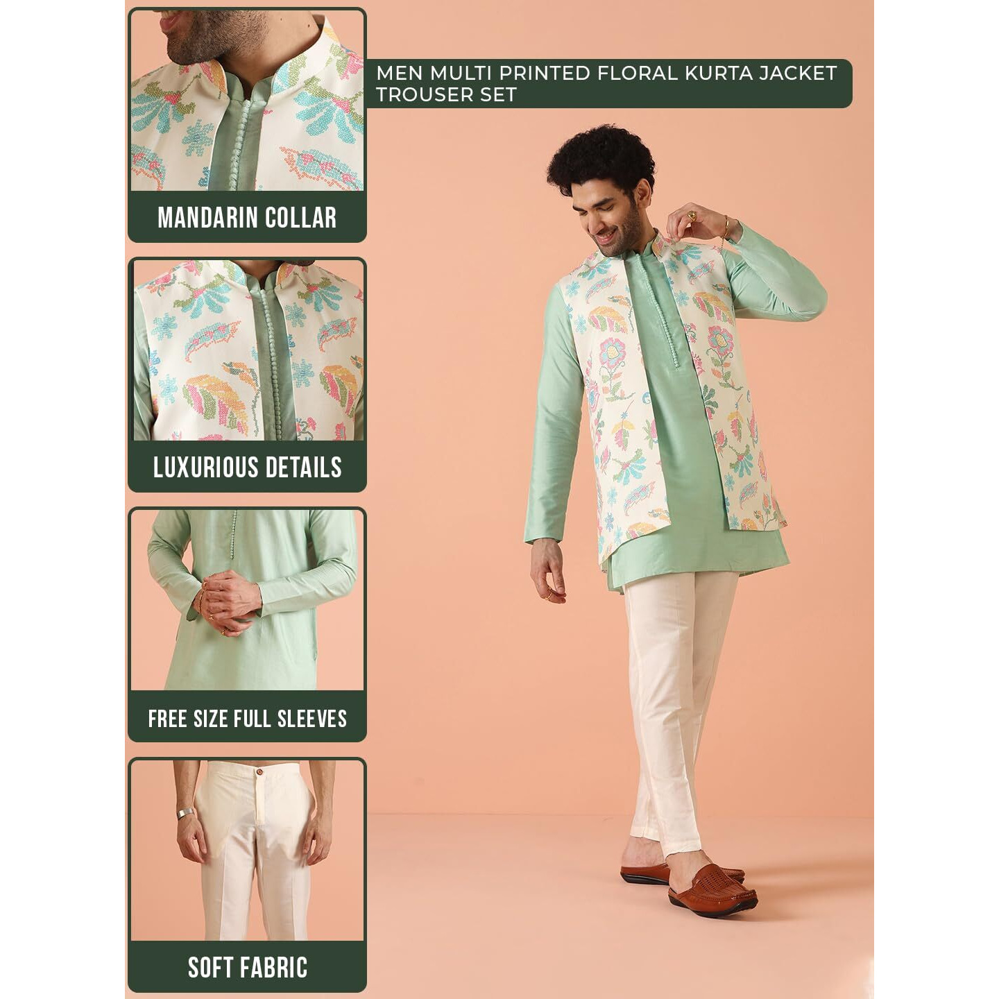 Kisah Cotton Blend Kurta Jacket Trouser Set For Men | Nehru Jacket Waistcoat Kurta Set With Trousers | Mens Ethnic Collections-Ka-0975-5574-T301-40-Multi