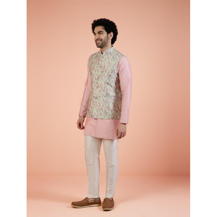 Kisah Men Multi Jacquard Kurta Nehru Jacket Trouser Set With Ethnic Motifs, 40
