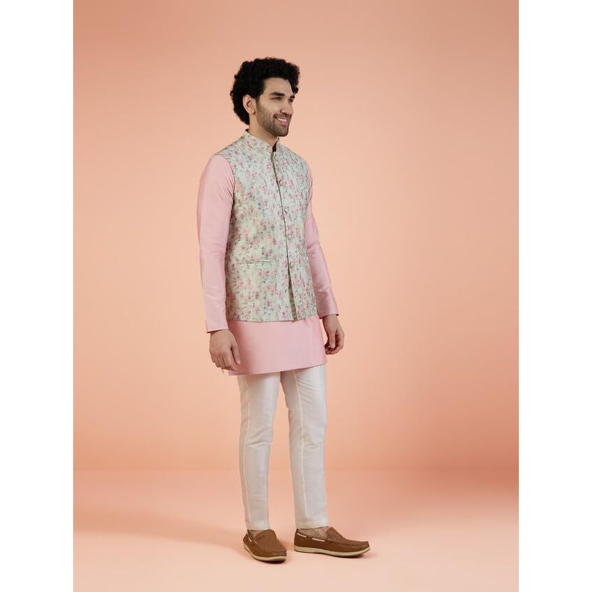 Kisah Men Multi Jacquard Kurta Nehru Jacket Trouser Set With Ethnic Motifs, 40