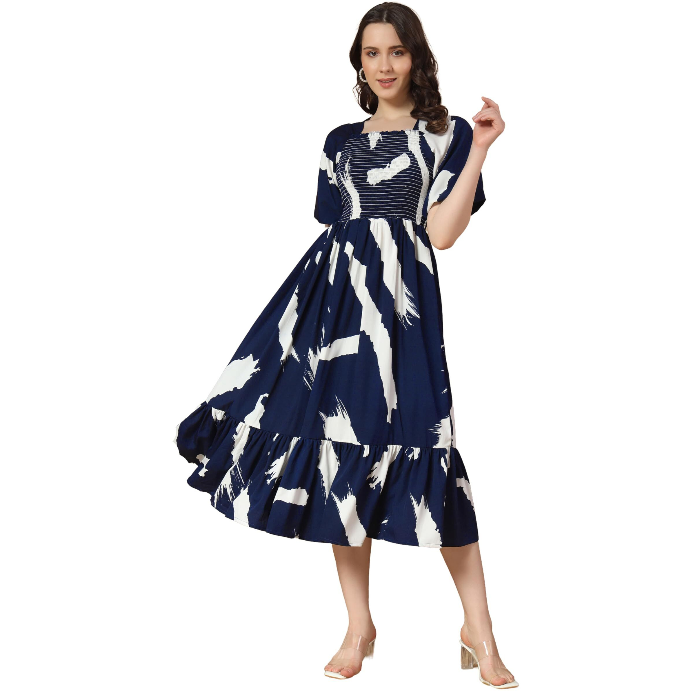 Kzully Women's Crepe A-Line Midi Dress (1001-Brush-Navy Blue-S_Dark