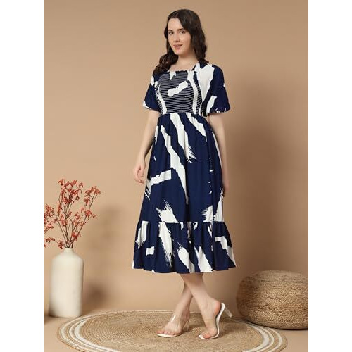 Kzully Women's Crepe A-Line Midi Dress (1001-Brush-Navy Blue-S_Dark