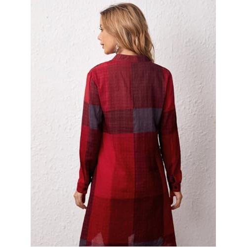 Leriya Fashion Western Dress || Rayon Color Block Half Button Front Dress For Women || Long Cuff Sleeve & Stand Collared Neck Tunic Dress || Office || Summer Dresses For Women. (Small, Red)