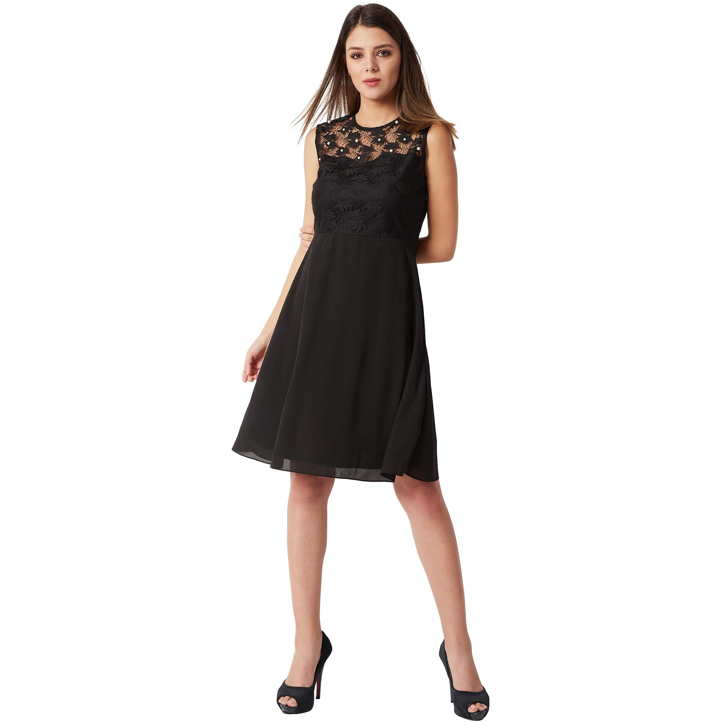 Miss Chase Women's Black Round Neck Sleeveless Solid Paneled Lace And Pearl Detailing Knee Length Skater Dress (Mcaw18D10-88-62_Black_Xs)