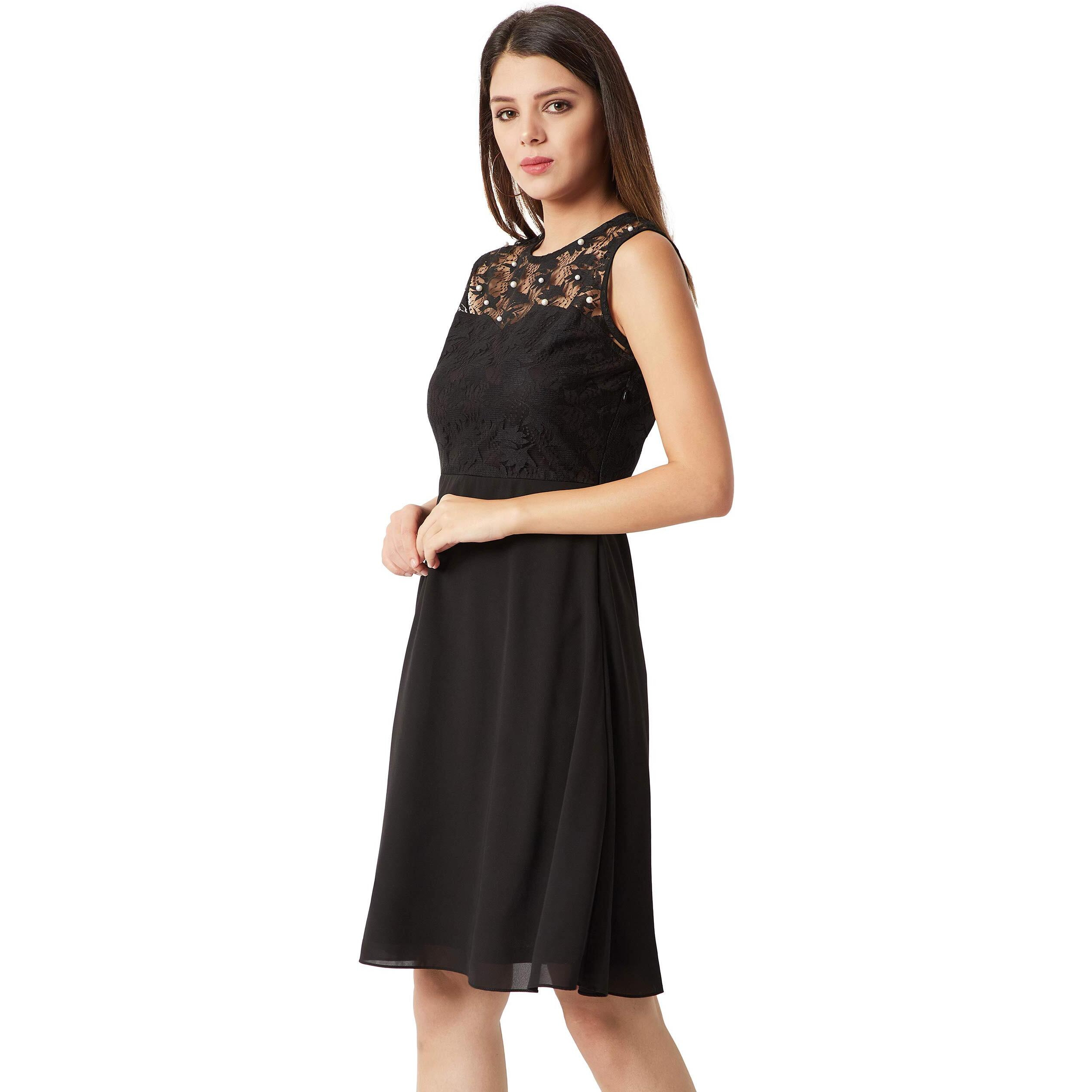 Miss Chase Women's Black Round Neck Sleeveless Solid Paneled Lace And Pearl Detailing Knee Length Skater Dress (Mcaw18D10-88-62_Black_Xs)
