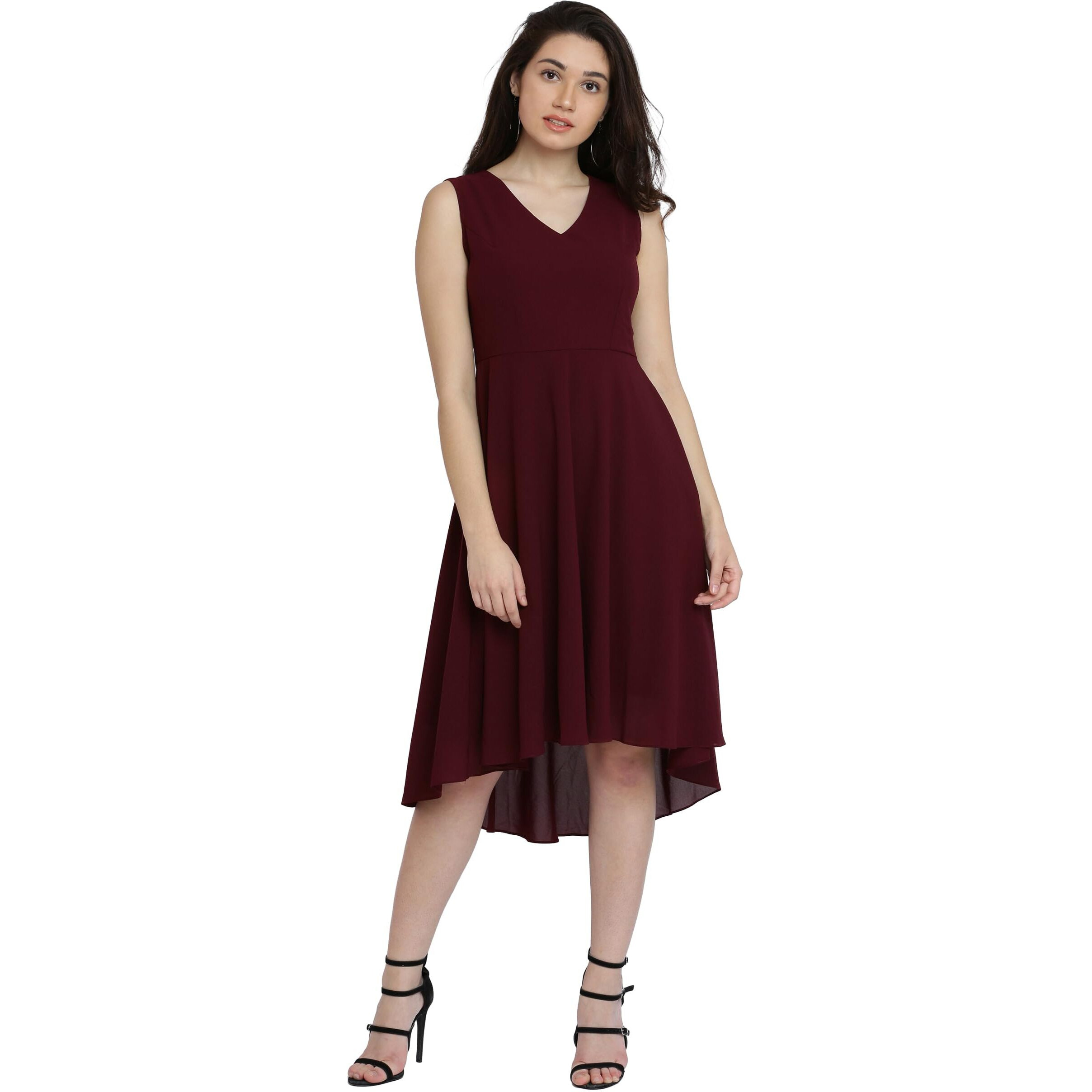 Miss Chase Women's Wine Red High-Low Midi Skater Dress(Mcaw17D10-34-56-04_Wine Red_Medium)