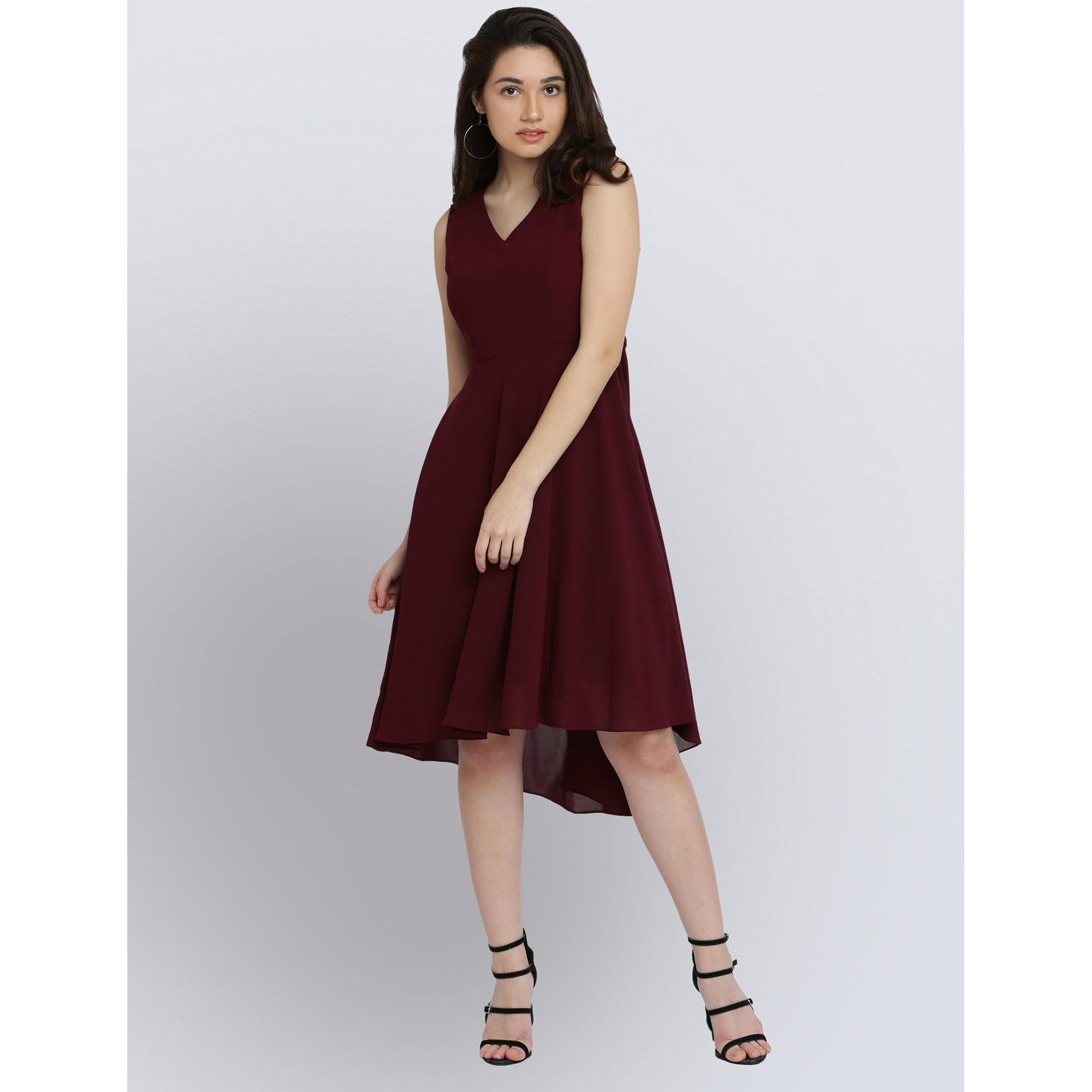Miss Chase Women's Wine Red High-Low Midi Skater Dress(Mcaw17D10-34-56-04_Wine Red_Medium)