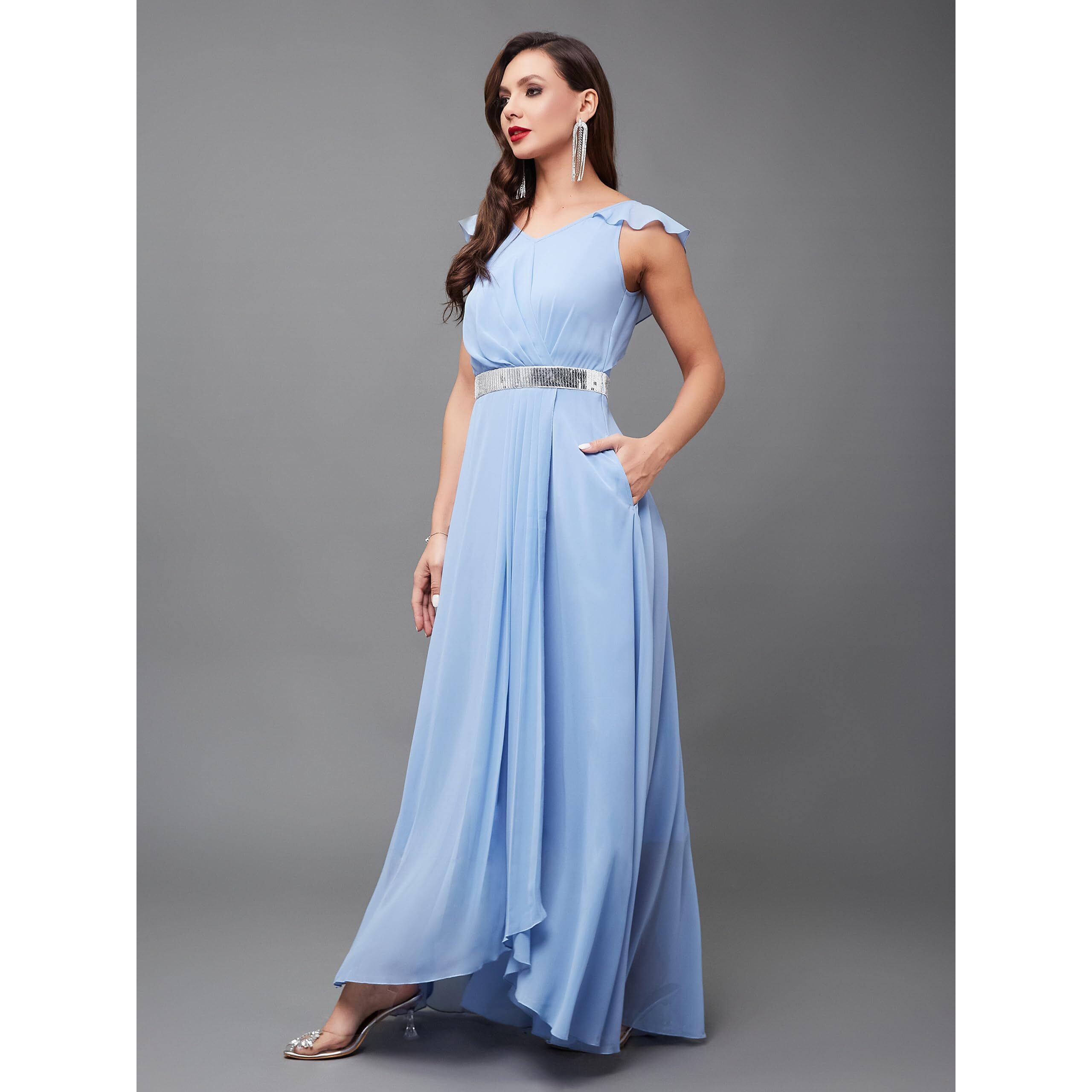 Miss Chase Women's V-Neck Ruffled Sleeve Solid Embellished Maxi Dress With Pockets (Mcss24D97-18-167-05, Powder Blue, L)