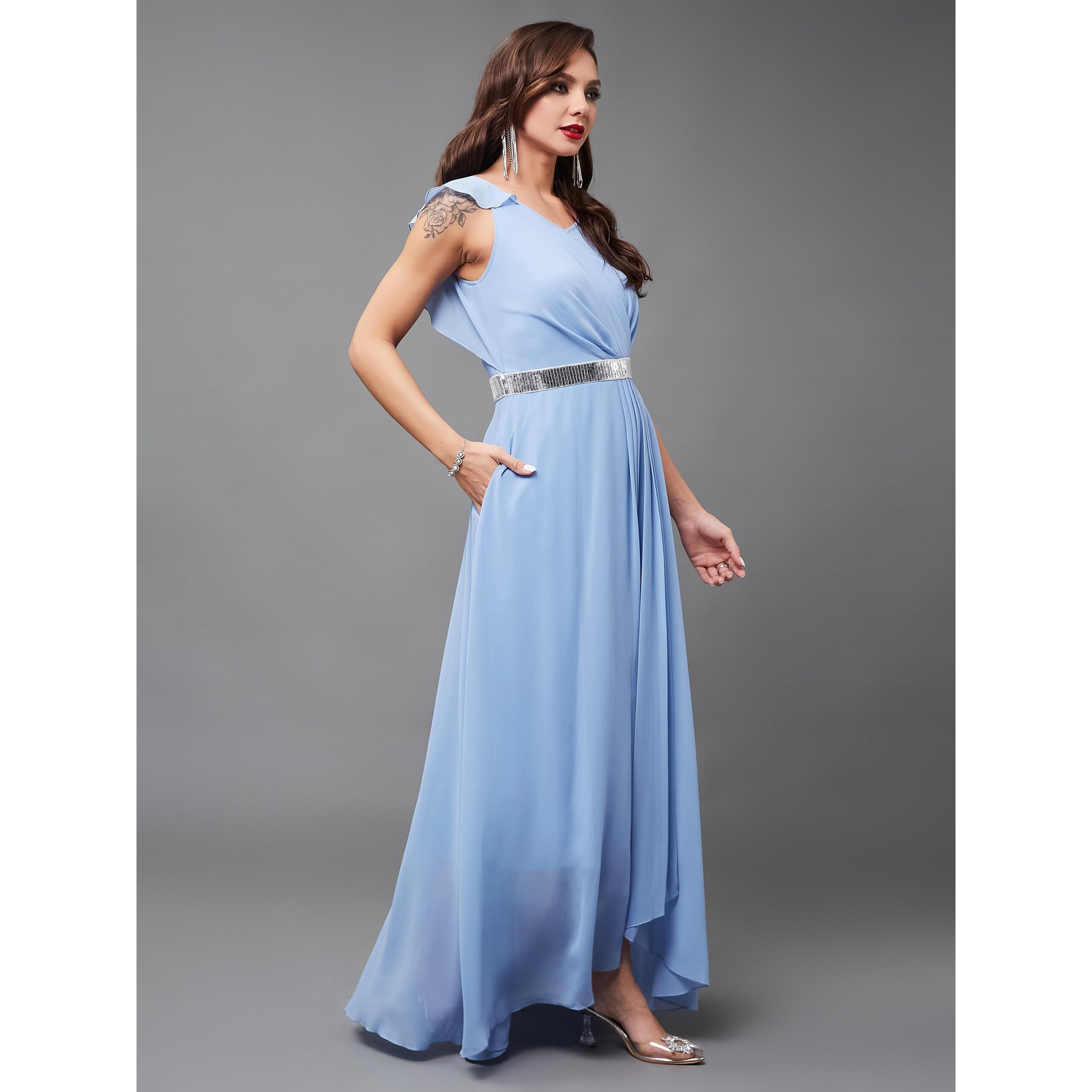 Miss Chase Women's V-Neck Ruffled Sleeve Solid Embellished Maxi Dress With Pockets (Mcss24D97-18-167-05, Powder Blue, L)
