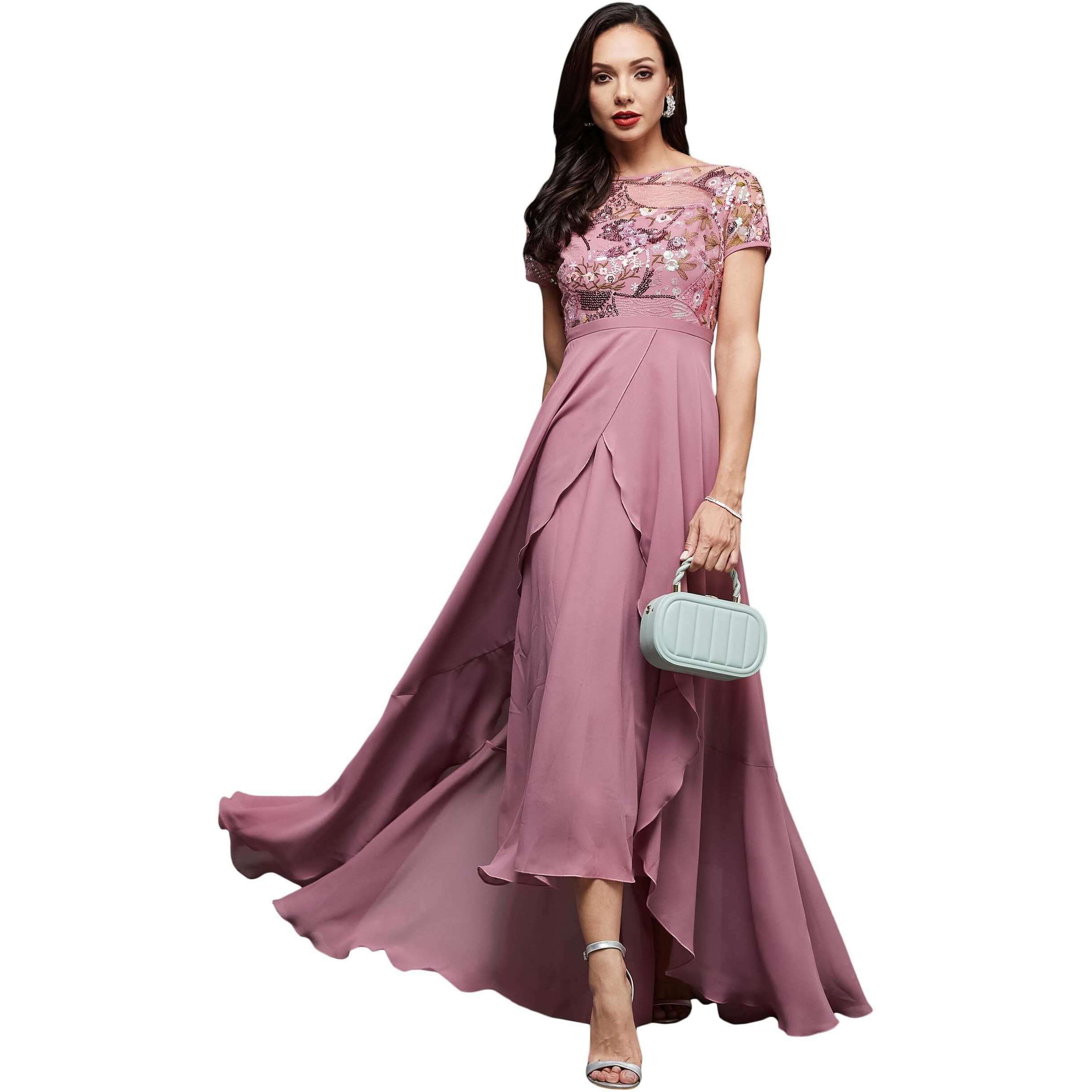 Miss Chase Women's Round Neck Short Sleeve Floral Layered Georgette Midi Dress (Mcss23D13-78-309-02, Multicolored-Base-Dusty Lavender, Xs)