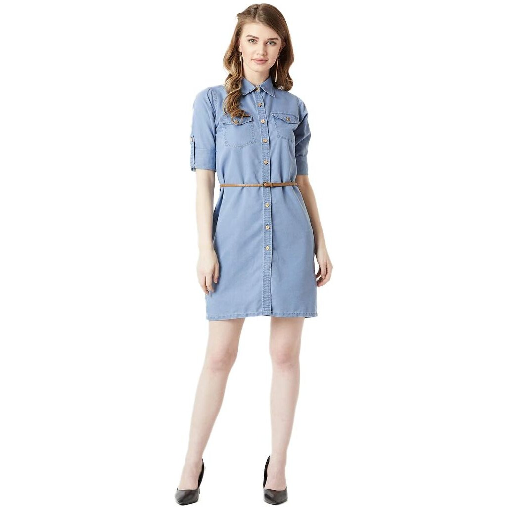 Miss Chase Women's Denim Shirt Dress(Mcaw18Den04-22-115-06,Blue,X-Large)