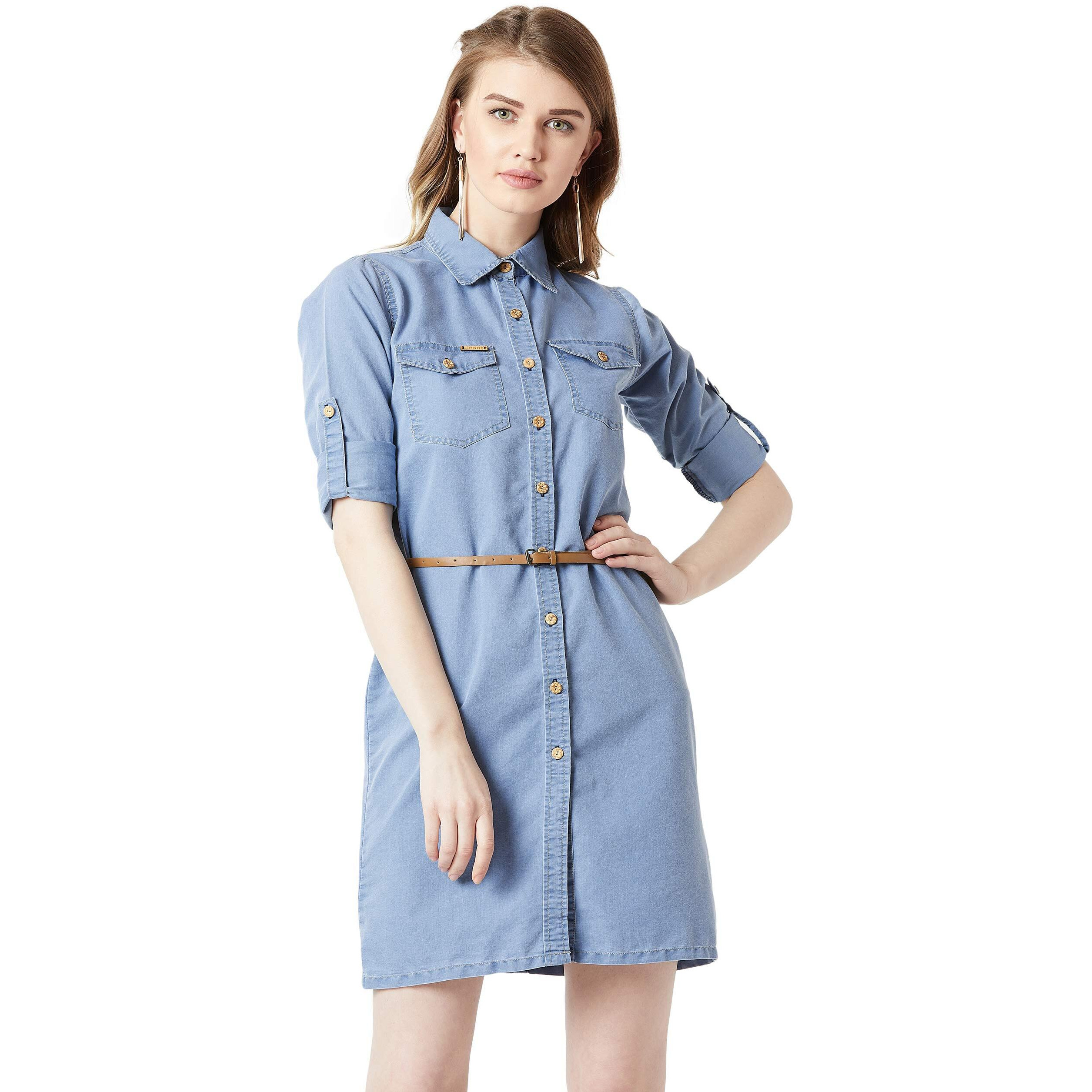 Miss Chase Women's Denim Shirt Dress(Mcaw18Den04-22-115-06,Blue,X-Large)