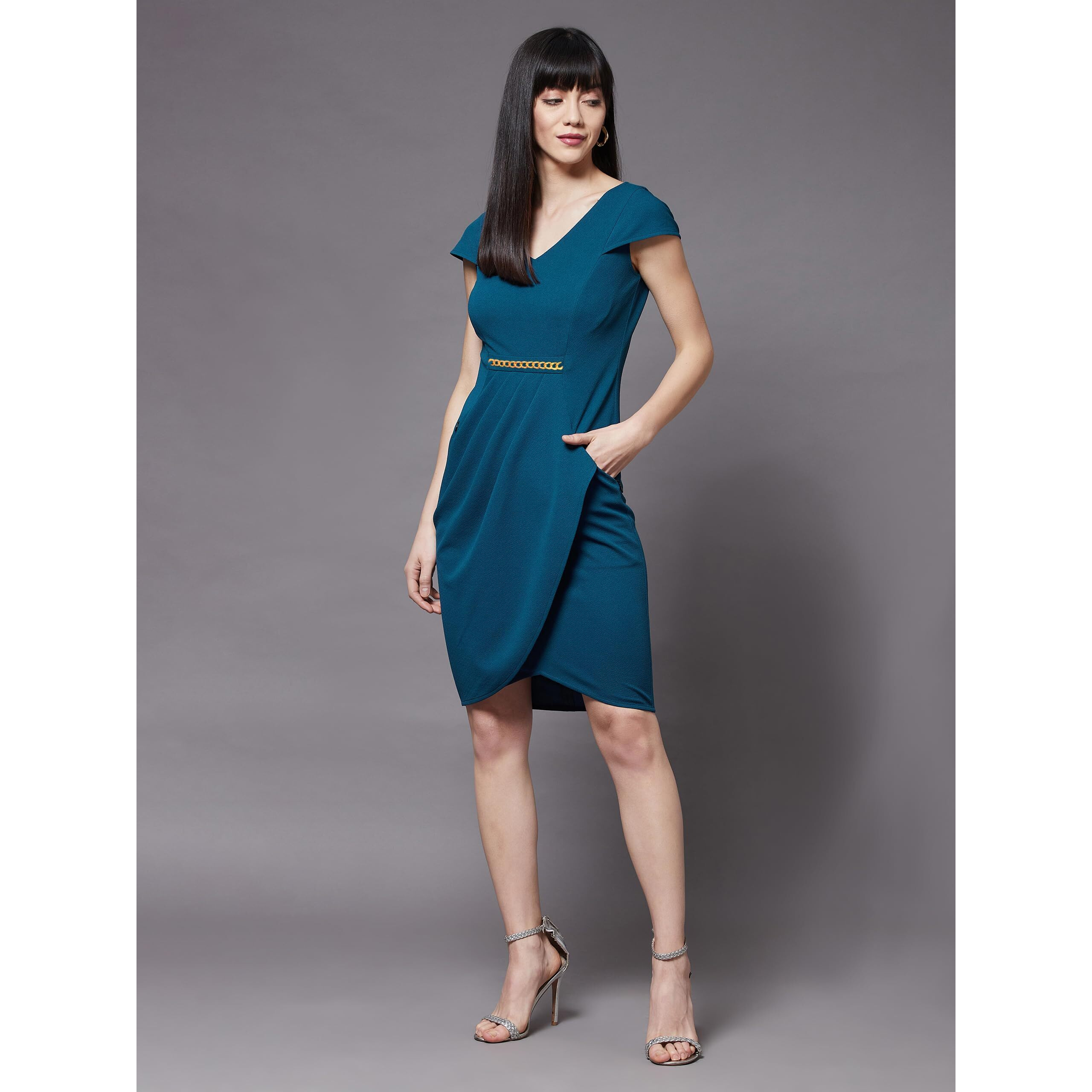 Miss Chase Women's Teal V-Neck Cap Sleeve Solid Wrapped Polyester Knee-Long Dress (Mcss22D16-20-83-03, Teal, S)