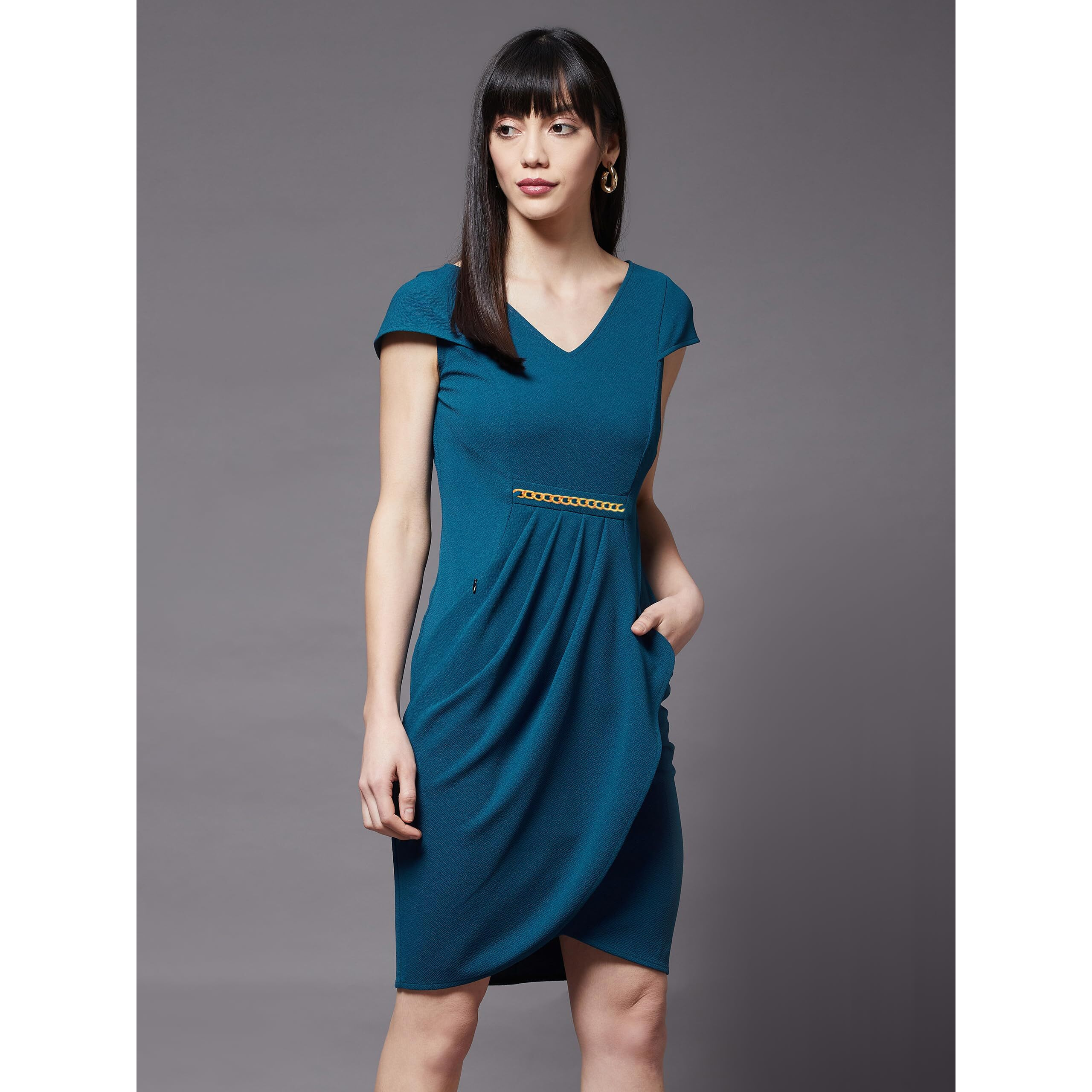 Miss Chase Women's Teal V-Neck Cap Sleeve Solid Wrapped Polyester Knee-Long Dress (Mcss22D16-20-83-03, Teal, S)