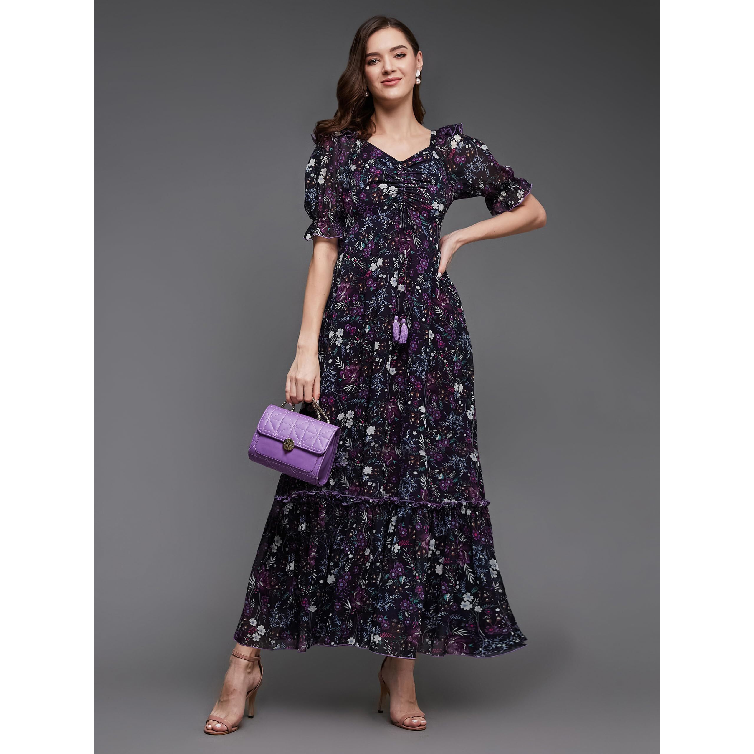 Miss Chase Women's Sweetheart Neck Puffed Sleeve Floral Ruching Georgette Maxi Dress With Pockets (Mcaw21D06-35-171-03, Multicolored-Base-Black, S)