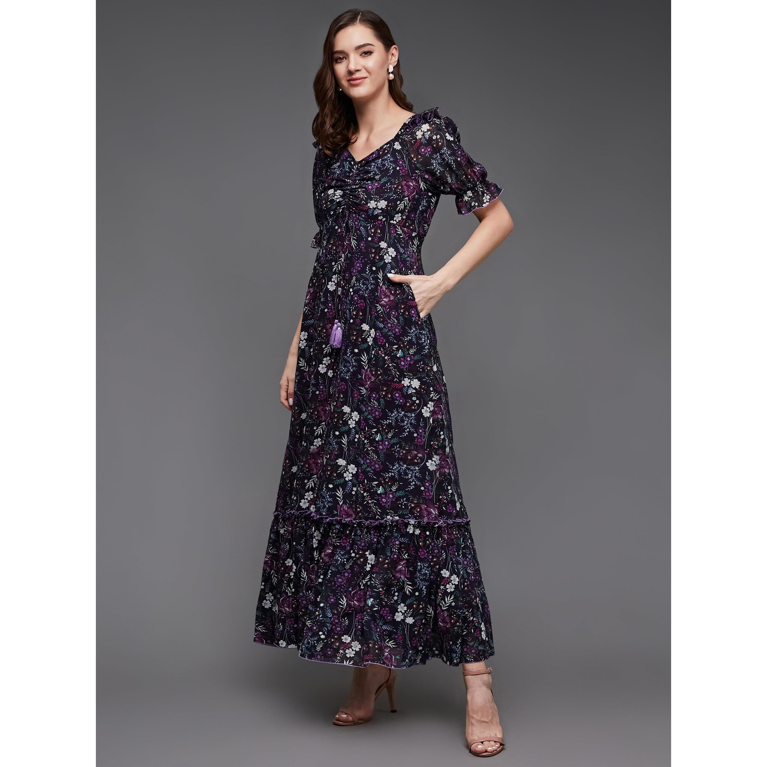 Miss Chase Women's Sweetheart Neck Puffed Sleeve Floral Ruching Georgette Maxi Dress With Pockets (Mcaw21D06-35-171-03, Multicolored-Base-Black, S)