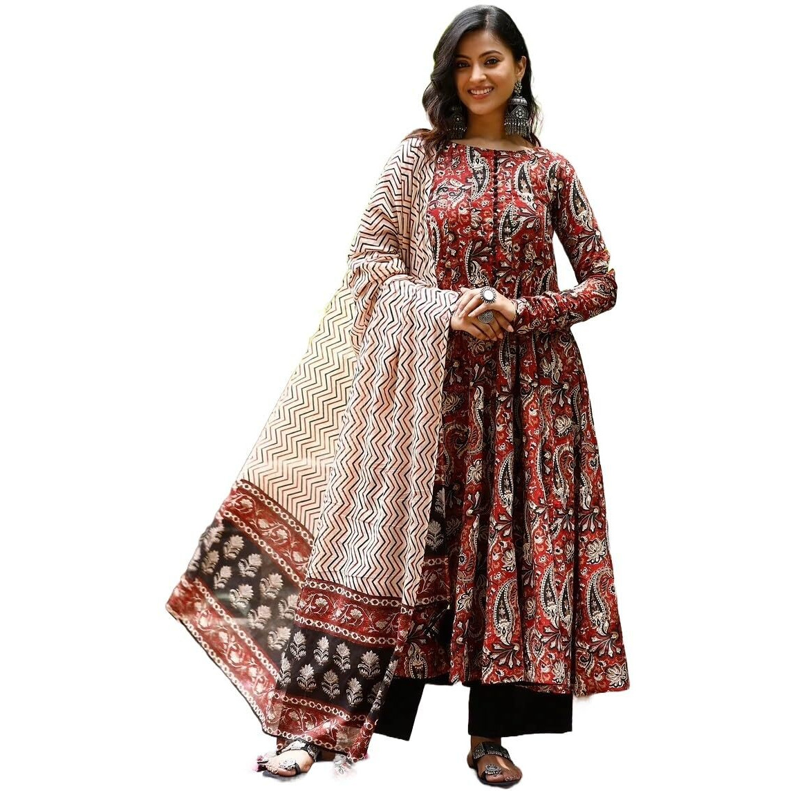 Nermosa Women Printed Anarkali Kurta And Pant Set With Dupatta (In, Alpha, S, Maroon)