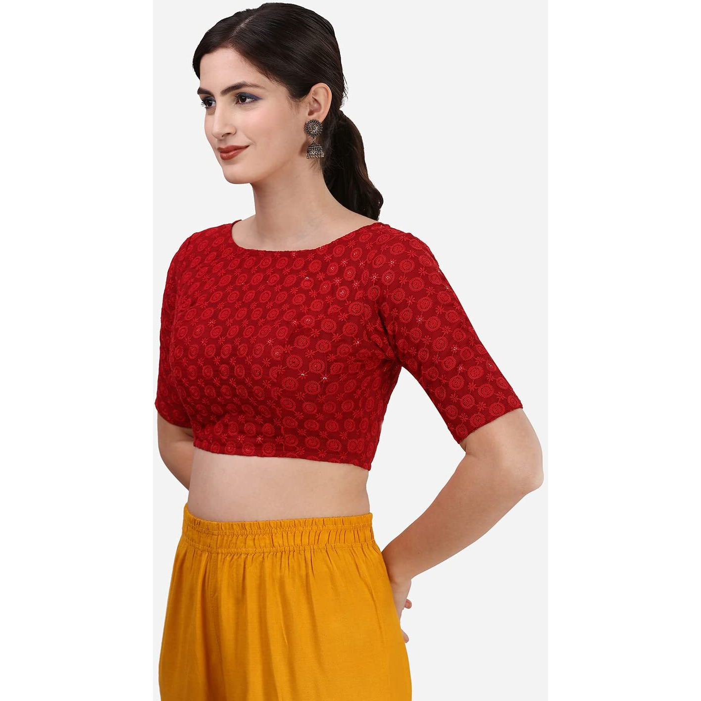 Oomph Traditional Cotton Schiffli Fabric Blouse For Women |Elbow Length Sleeves | Wedding & Festival Wear | Comfortable & Trendy Ethnic Wear | Readymade Blouse For Saree & Lehenga