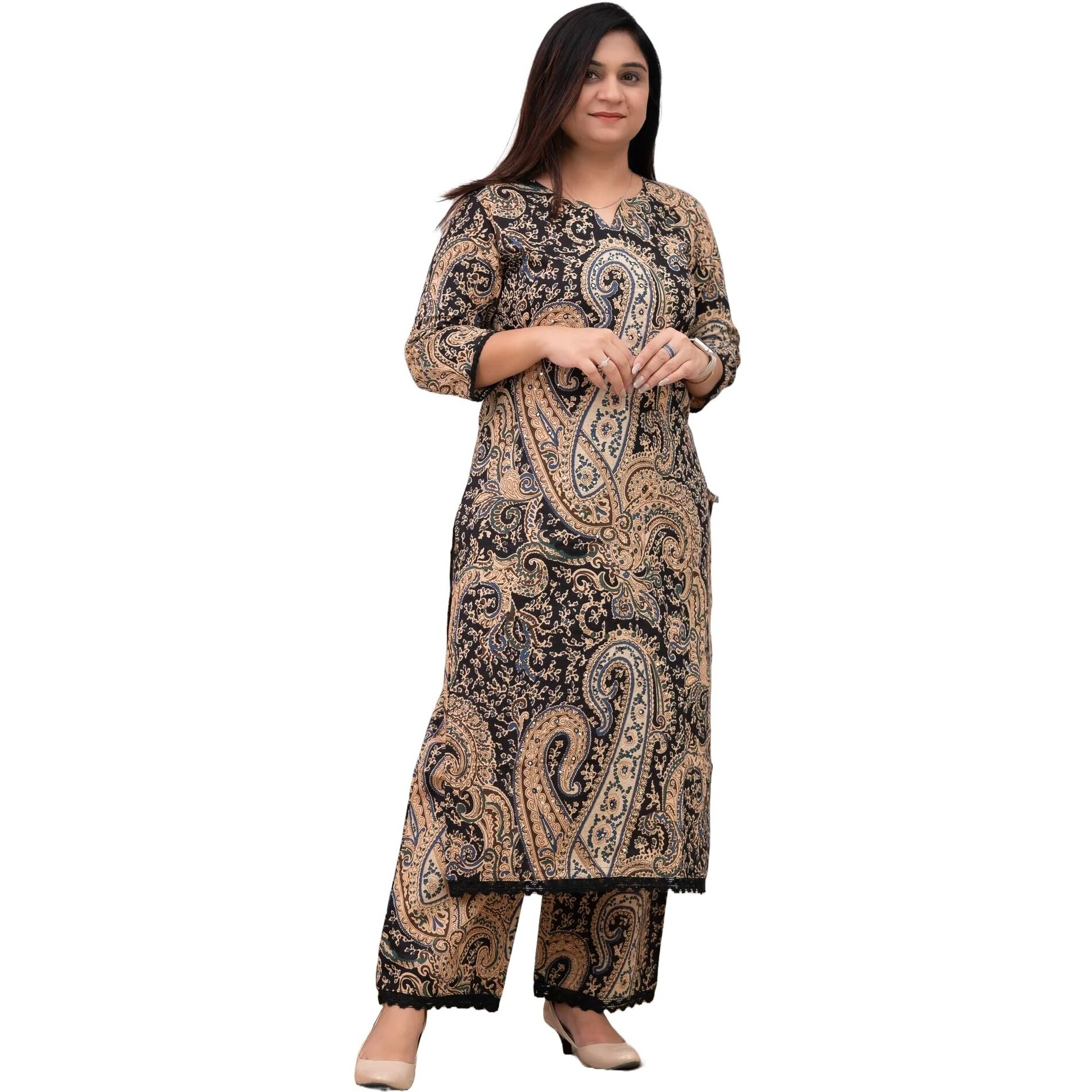 Nermosa Kalamkari Printed Straight Kurta Set For Women | Printed | Office Wear | (In, Alpha, L, Black)