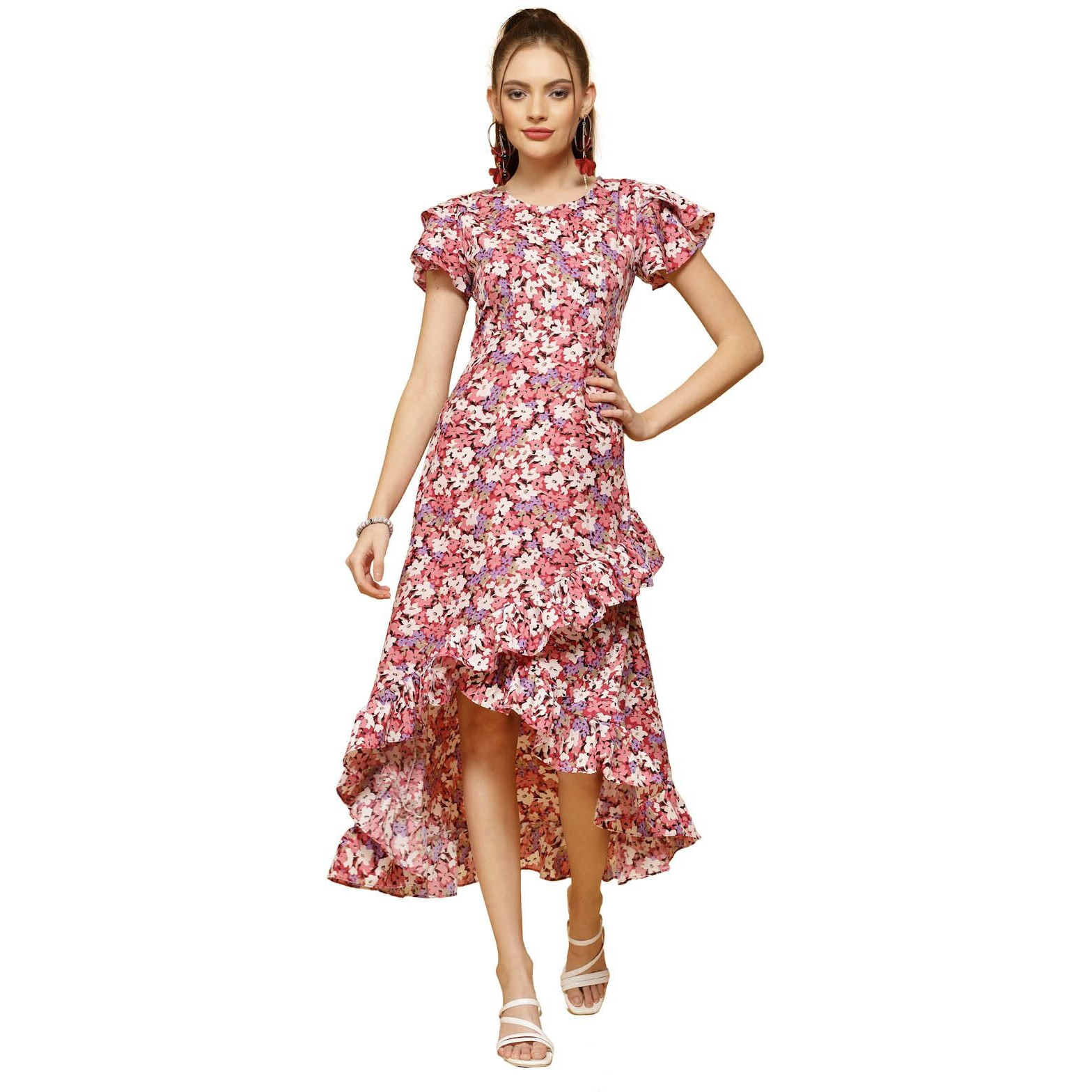 Oomph Women's Crepe Fit And Flare Maxi Dress (Md901_Barbie Pink