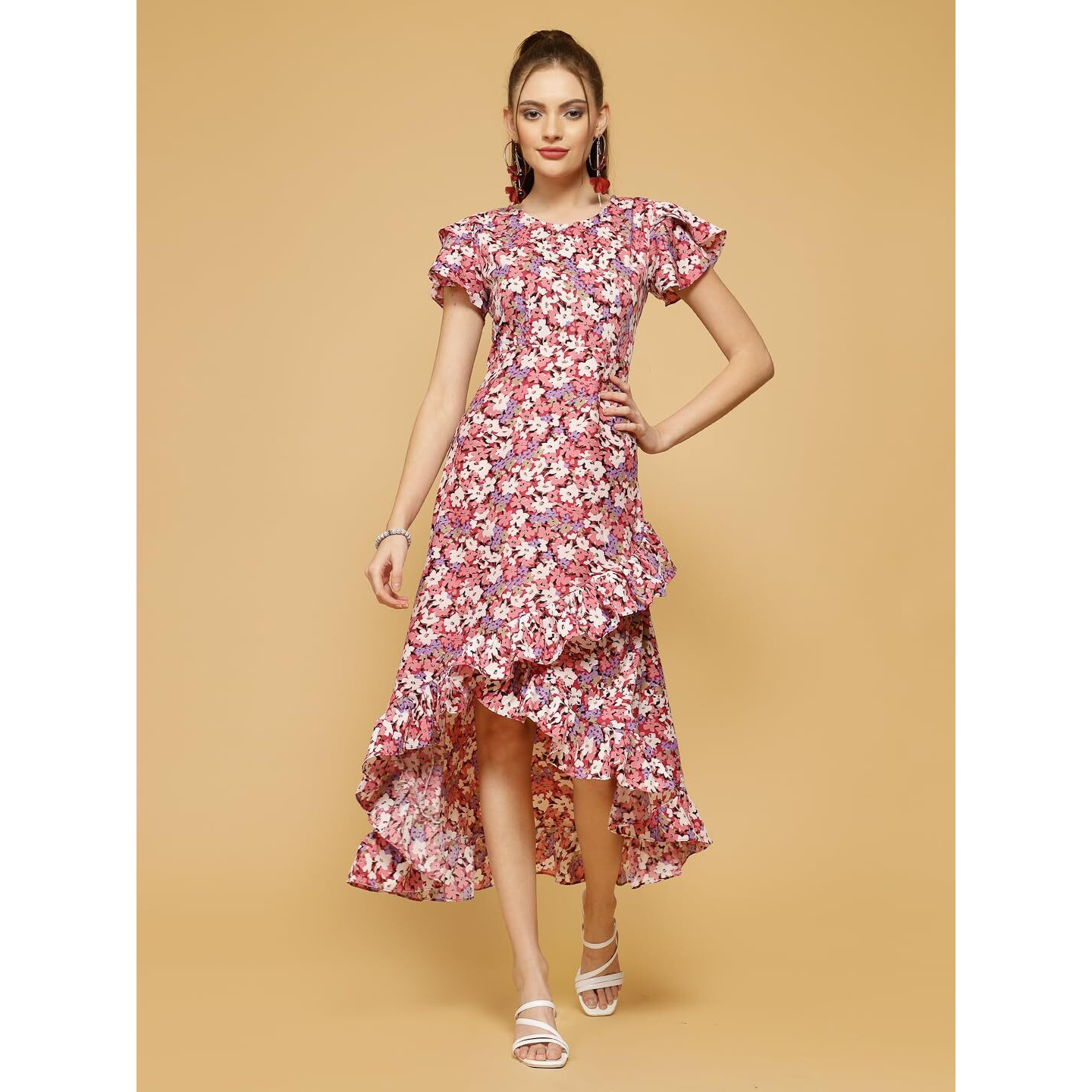 Oomph Women's Crepe Fit And Flare Maxi Dress (Md901_Barbie Pink