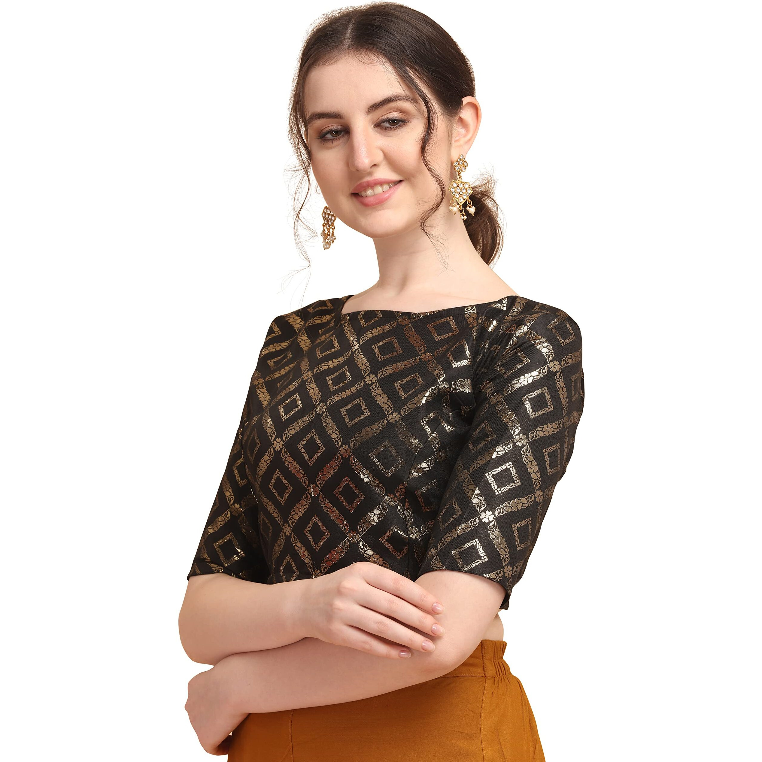 Oomph Women's Art Silk Half Sleeve Blouse (Rbbl143S_Jet Black_S)